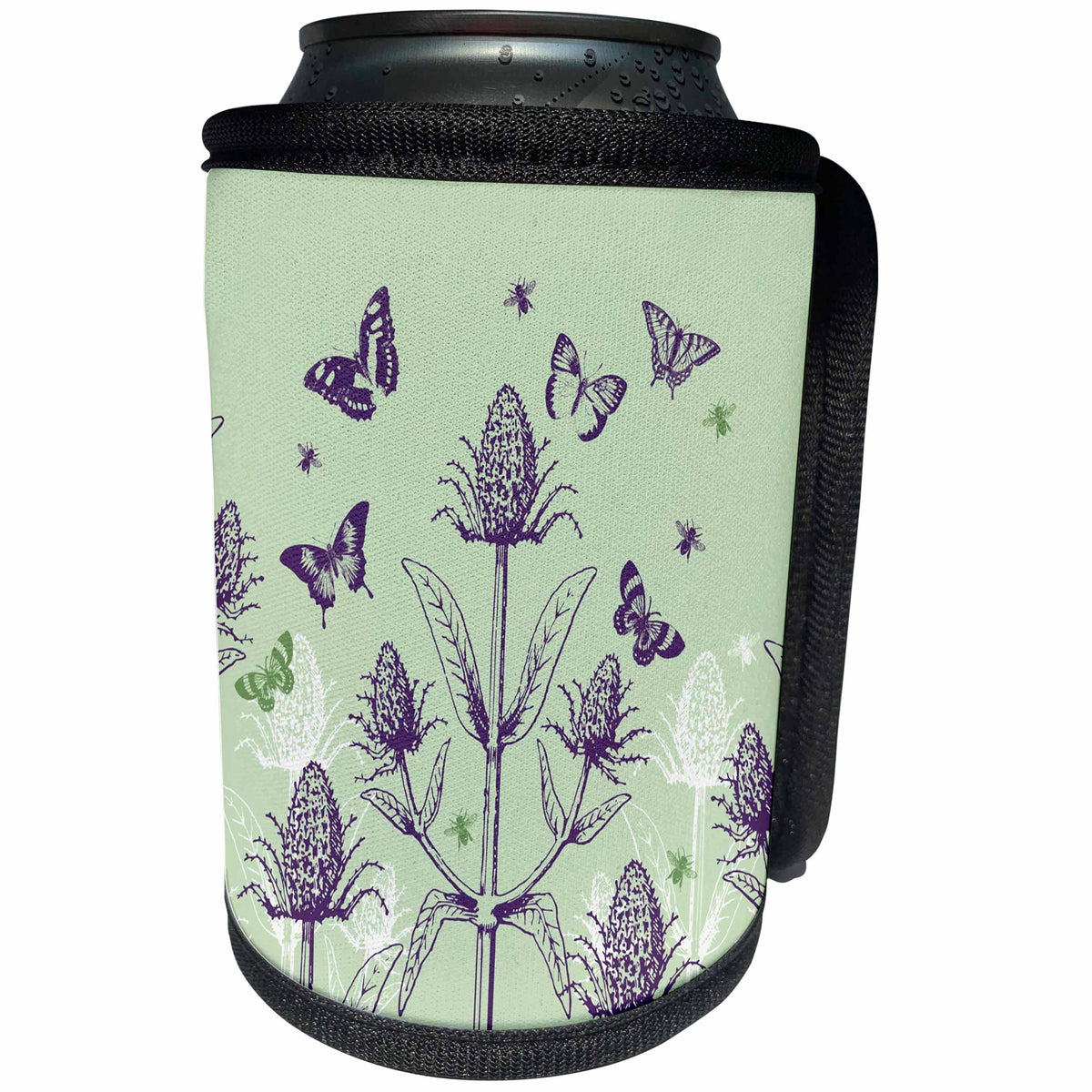3dRose Russ Billington Designs - Teasel Plant with Bees and Butterflies in Purple Green and White - Can Cooler Bottle Wrap (cc_262295)