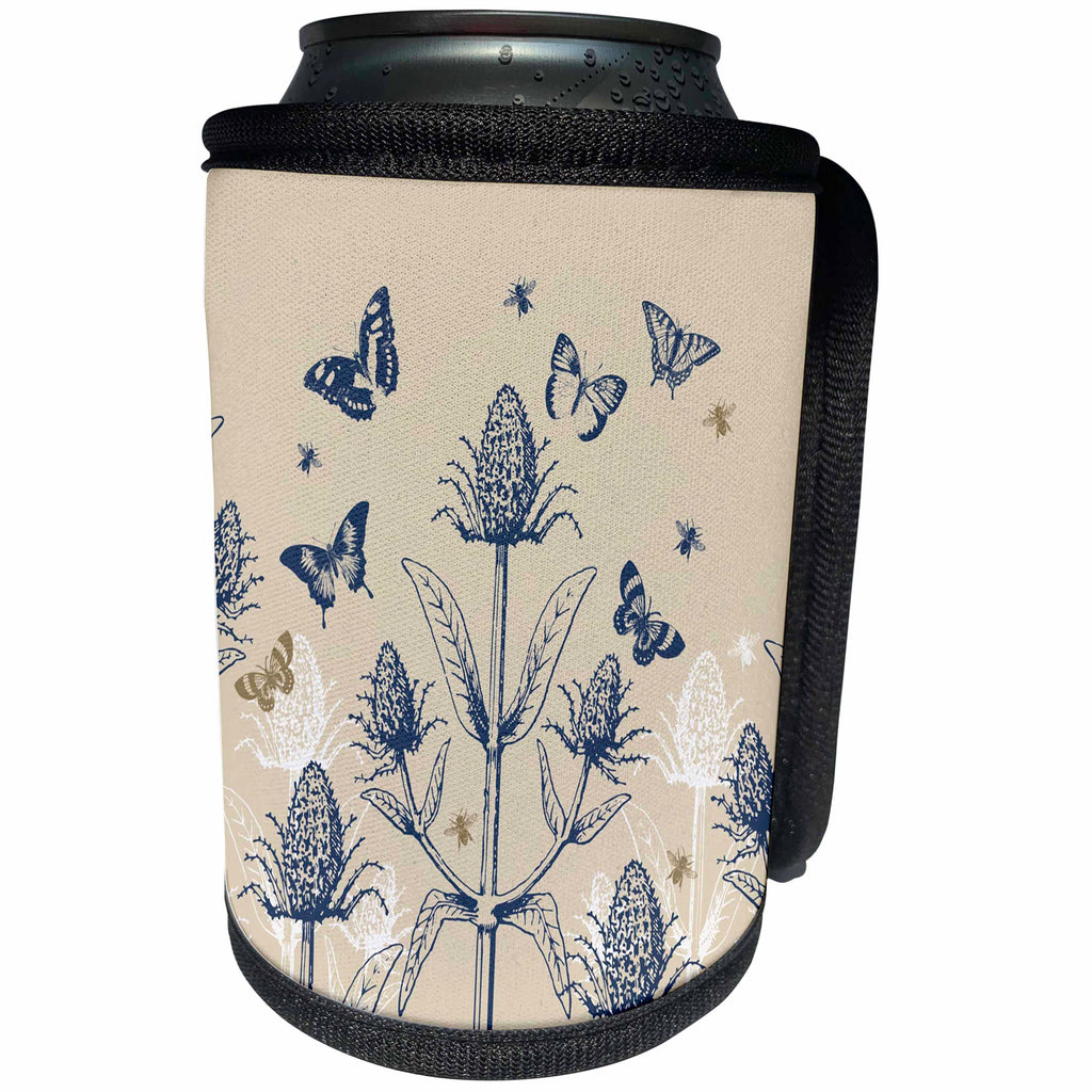 3dRose Russ Billington Designs - Teasel Plant with Bees and Butterflies in Oatmeal Blue and White - Can Cooler Bottle Wrap (cc_262296)