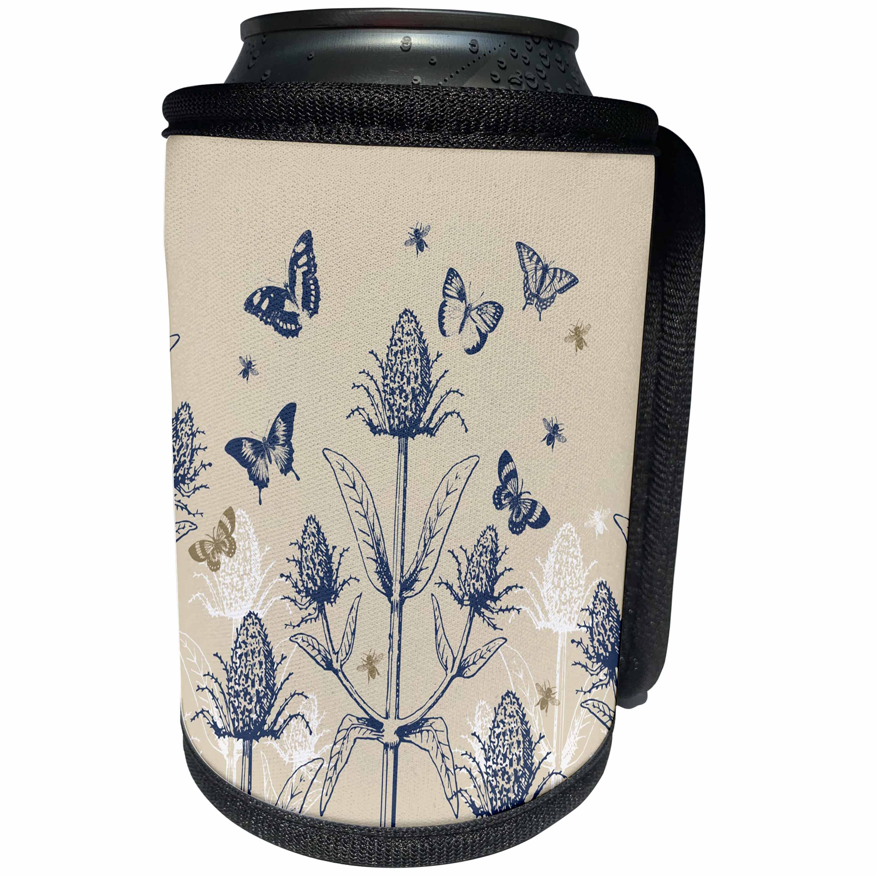 3dRose Russ Billington Designs - Teasel Plant with Bees and Butterflies in Oatmeal Blue and White - Can Cooler Bottle Wrap (cc_262296)