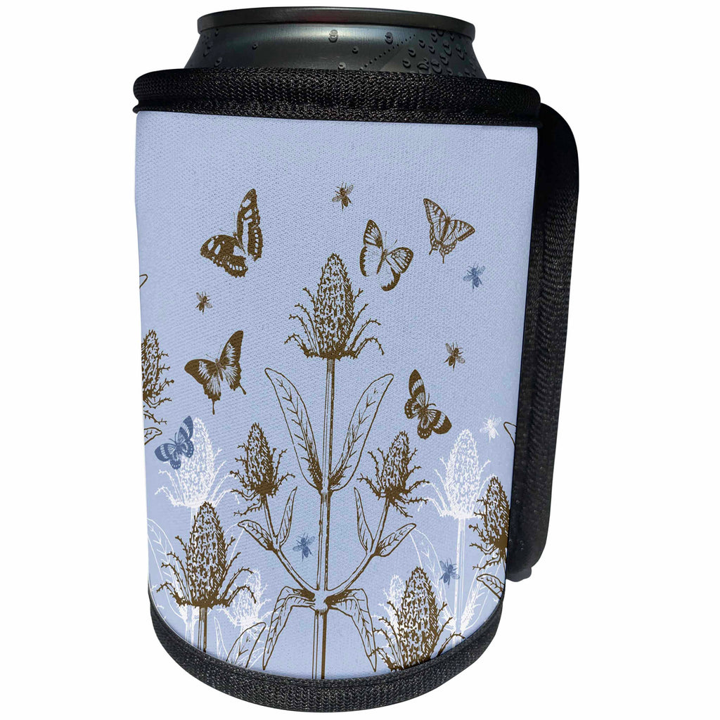 3dRose Russ Billington Designs - Teasel Plant with Bees and Butterflies in Lavender Blue White and Brown - Can Cooler Bottle Wrap (cc_262297)