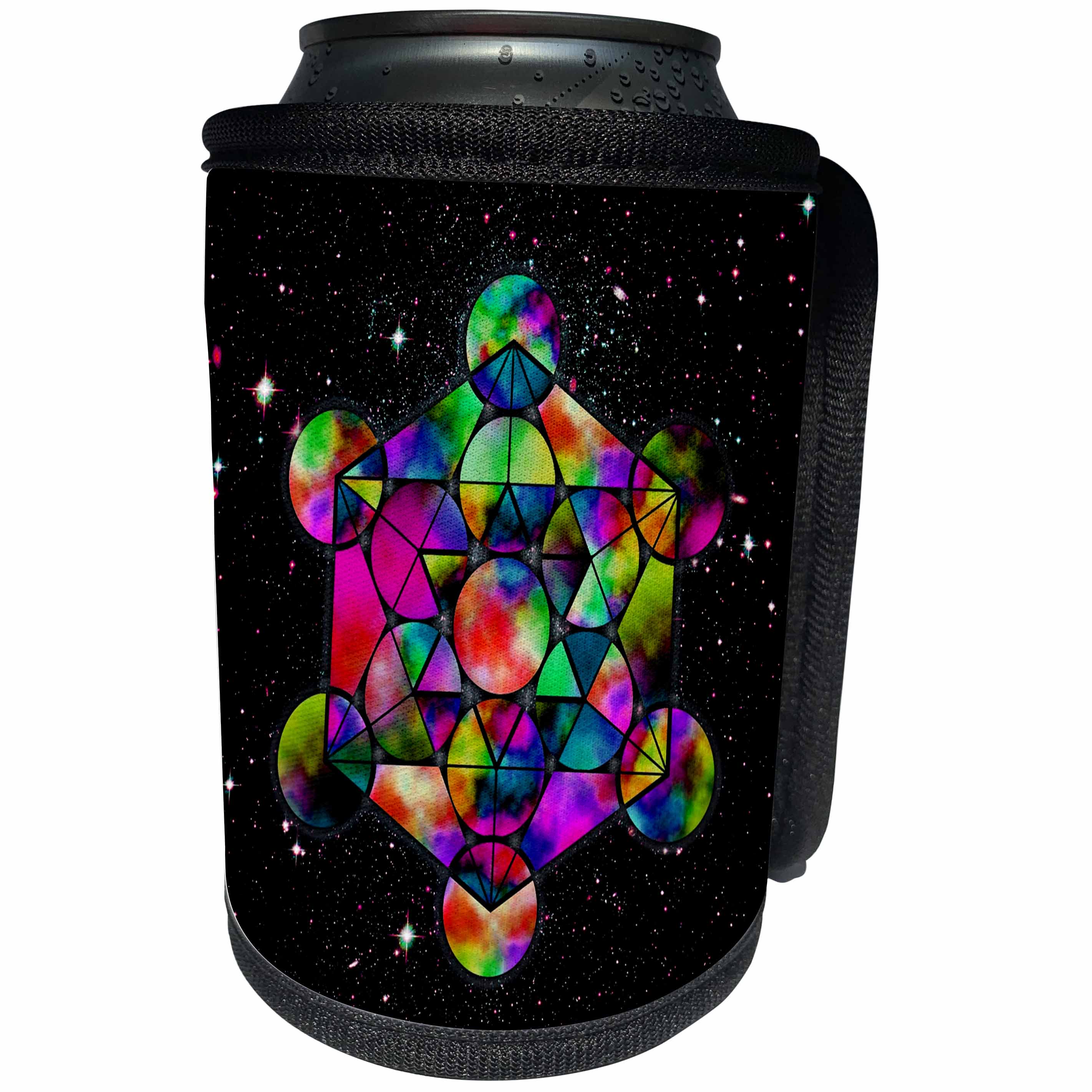 3dRose Russ Billington Designs - Colorful Geometric Circles Hexagon and Star on Starry Background - Can Cooler Bottle Wrap (cc_262306)