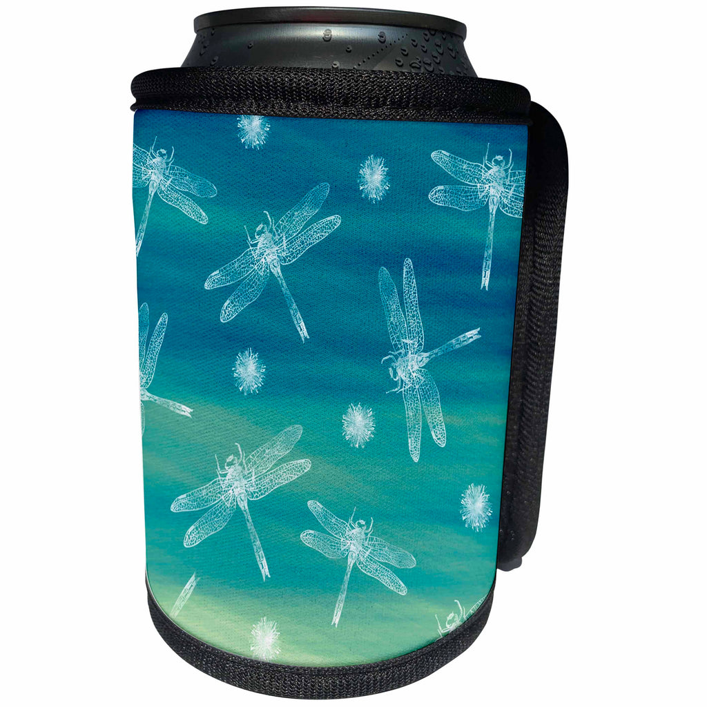3dRose Russ Billington Patterns - White Dragonflies and seeds on Blue Green Background - Can Cooler Bottle Wrap (cc_262307)