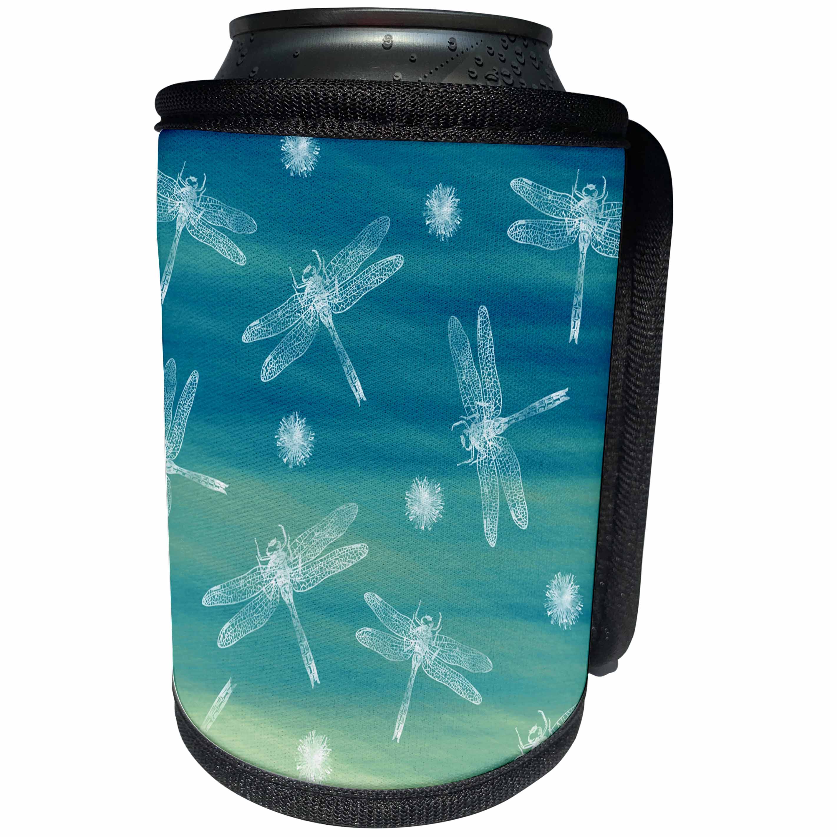 3dRose Russ Billington Patterns - White Dragonflies and seeds on Blue Green Background - Can Cooler Bottle Wrap (cc_262307)