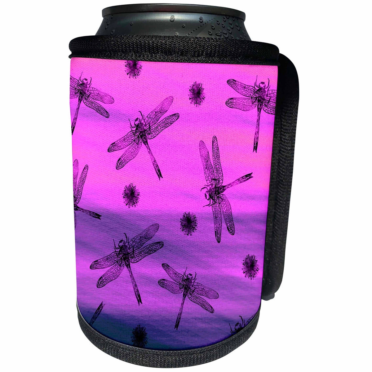 3dRose Russ Billington Patterns - Black Dragonflies and seeds on Purple and Blue Background - Can Cooler Bottle Wrap (cc_262309)