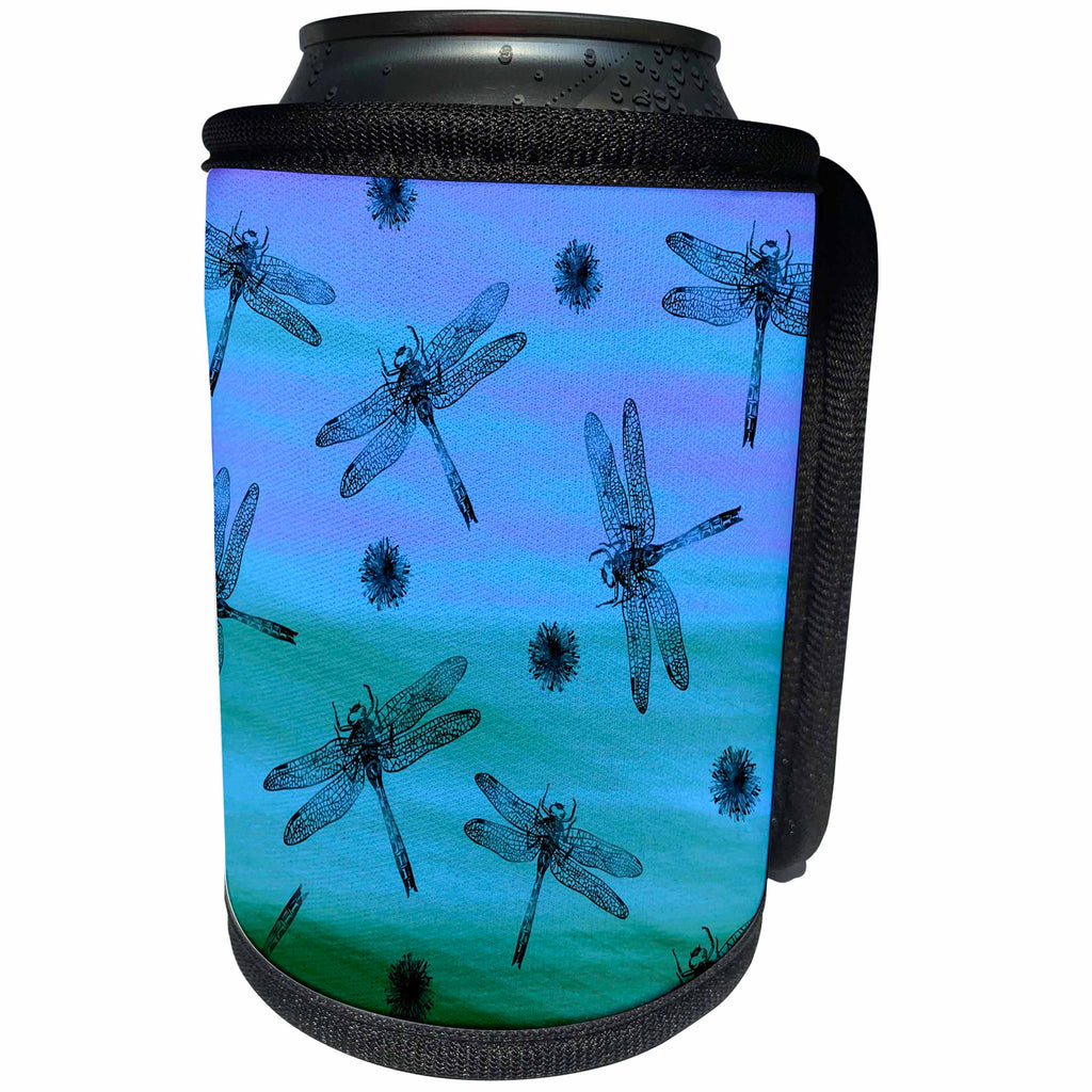 3dRose Russ Billington Patterns - Black Dragonflies and seeds on Blue and Green Background - Can Cooler Bottle Wrap (cc_262310)