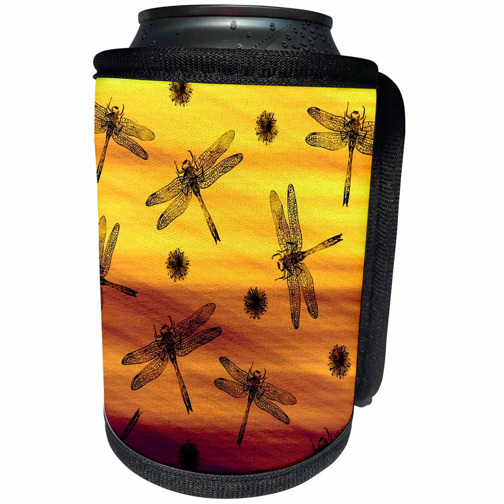 3dRose Russ Billington Patterns - Black Dragonflies and seeds on Yellow and Brown Background - Can Cooler Bottle Wrap (cc_262311)