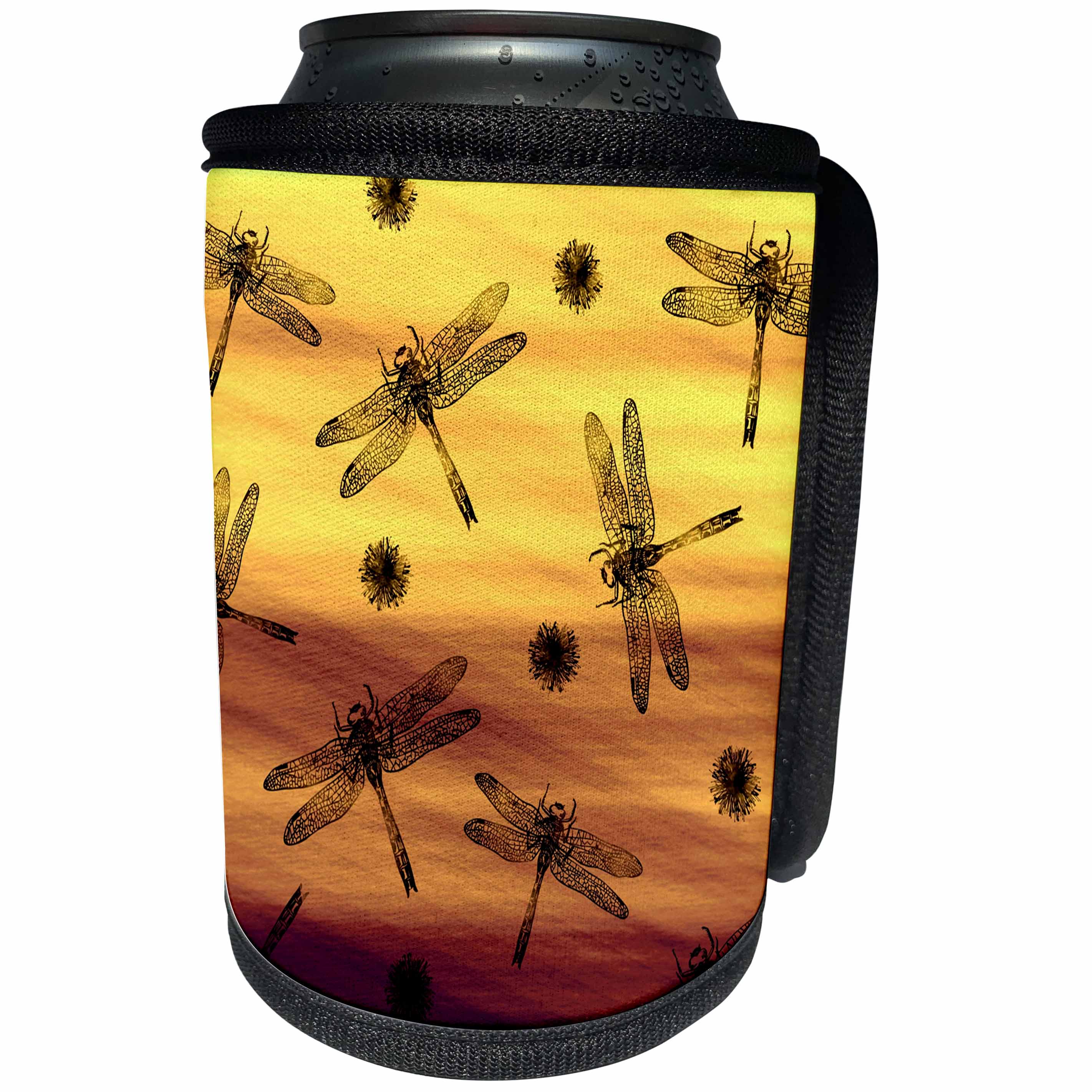 3dRose Russ Billington Patterns - Black Dragonflies and seeds on Yellow and Brown Background - Can Cooler Bottle Wrap (cc_262311)