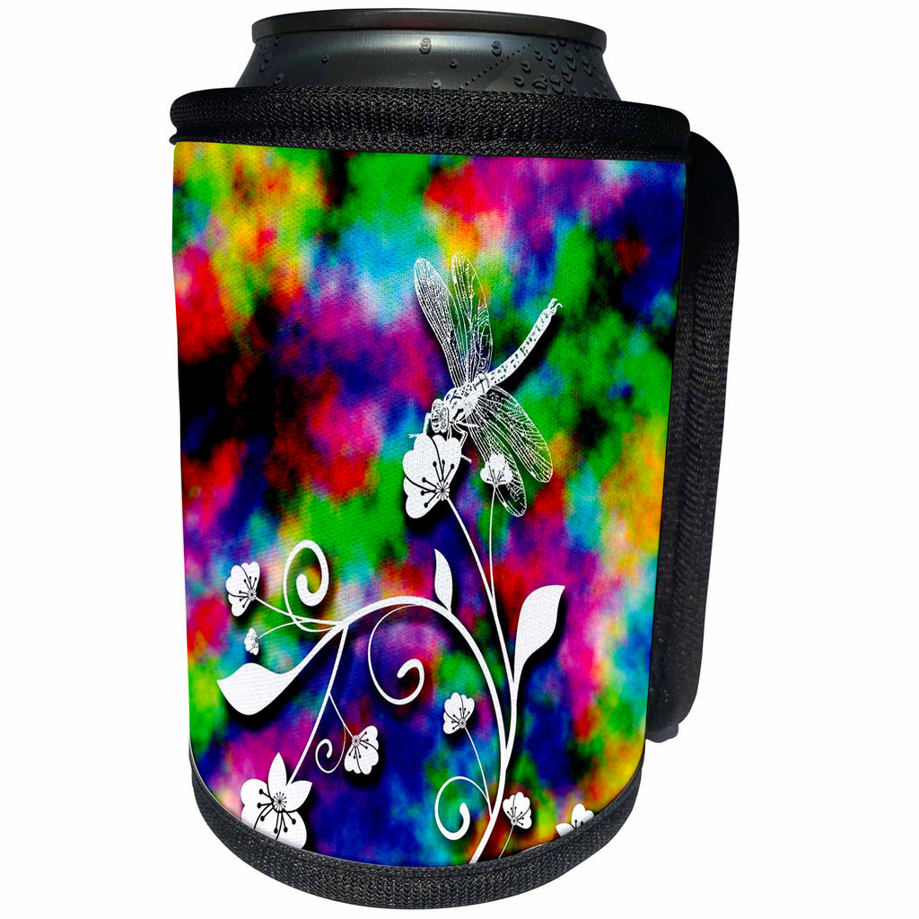 3dRose Russ Billington Designs - White Dragonfly on Plant Silhouette on Colorful Background - Can Cooler Bottle Wrap (cc_262313)