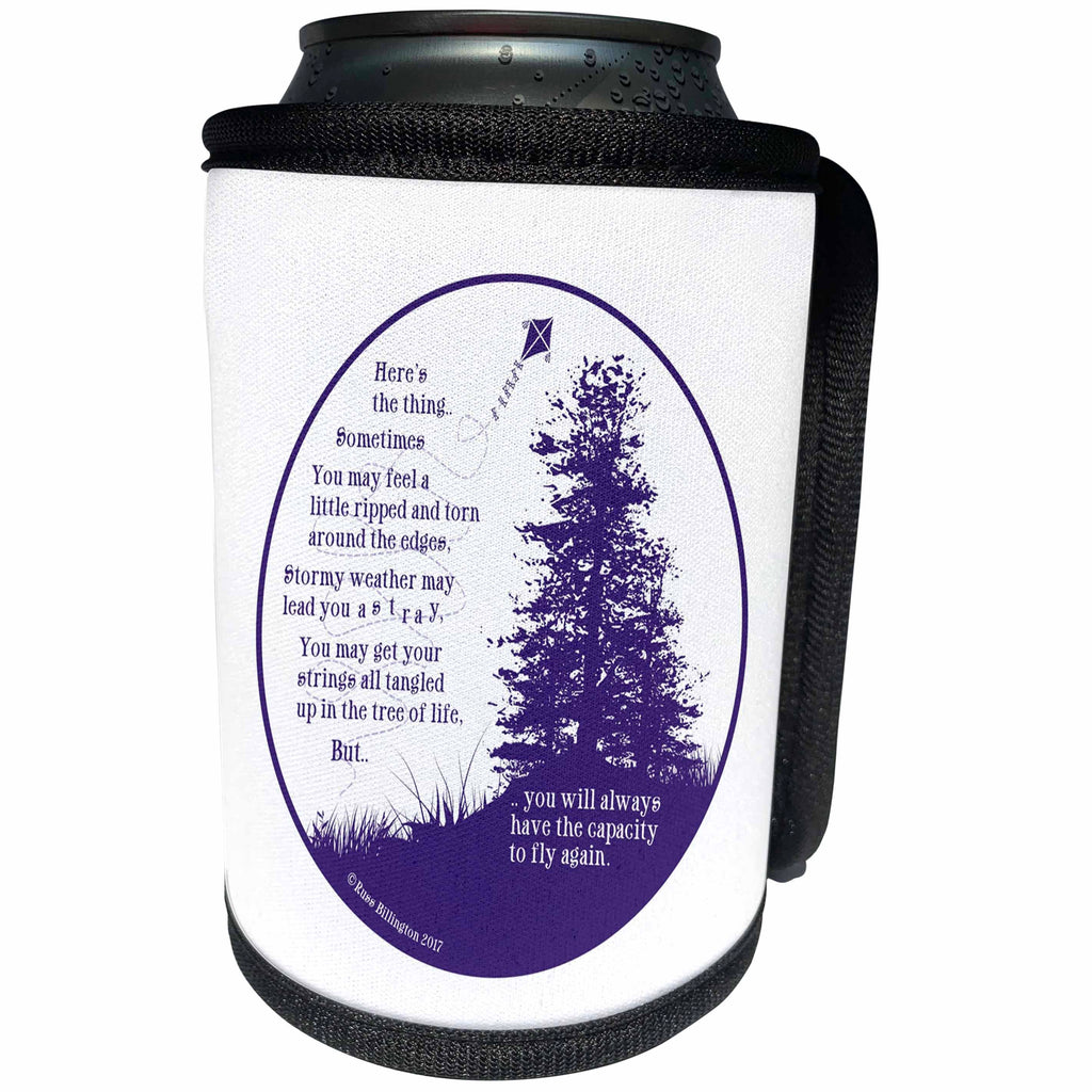 3dRose Russ Billington Designs - Motivational Kite and Tree Design in Purple and White - Can Cooler Bottle Wrap (cc_262318)