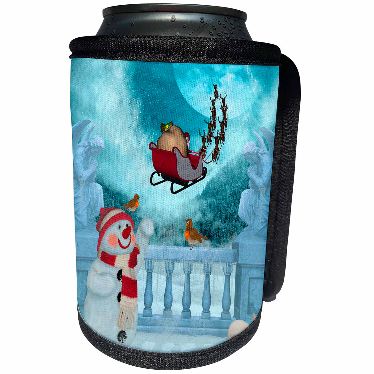 3dRose Heike Köhnen Design Holiday - Christmas, Santa Claus and reindeer in the sky, snowman - Can Cooler Bottle Wrap (cc_262385)
