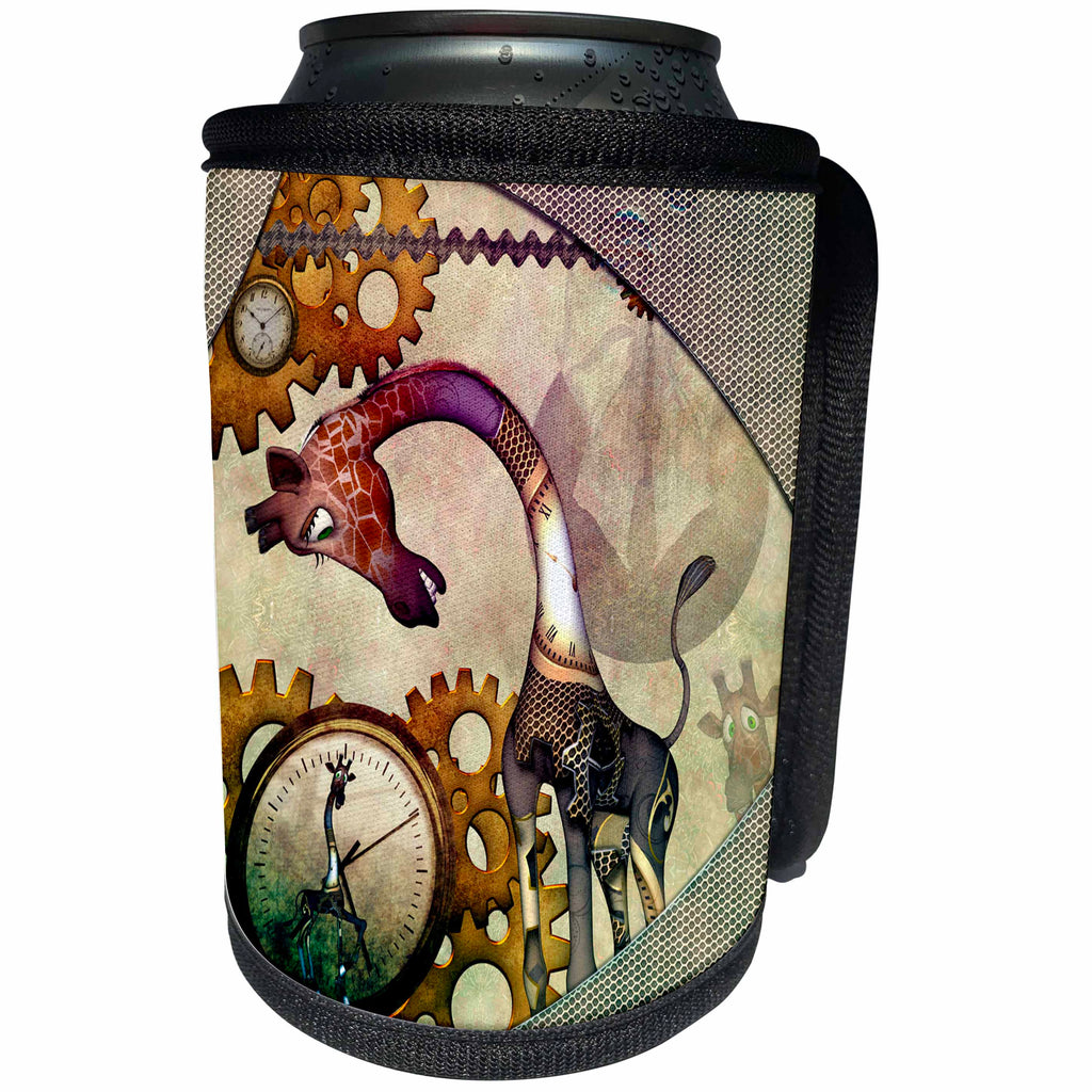 3dRose Heike Köhnen Design Steampunk - Steampunk, cute steampunk giraffe, clocks and gears - Can Cooler Bottle Wrap (cc_262386)