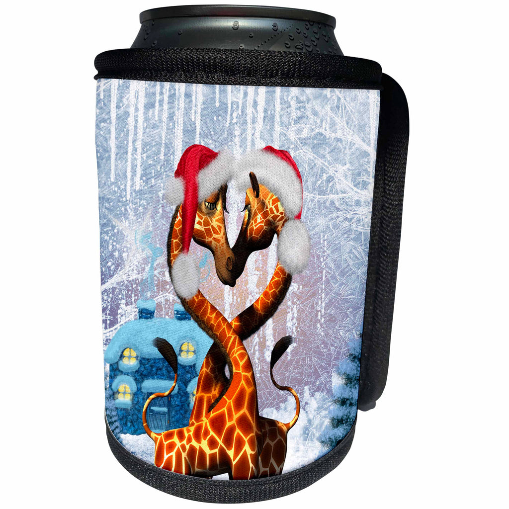 3dRose Heike Köhnen Design Holiday - Christmas, cute giraffe with Christmas hat - Can Cooler Bottle Wrap (cc_262387)