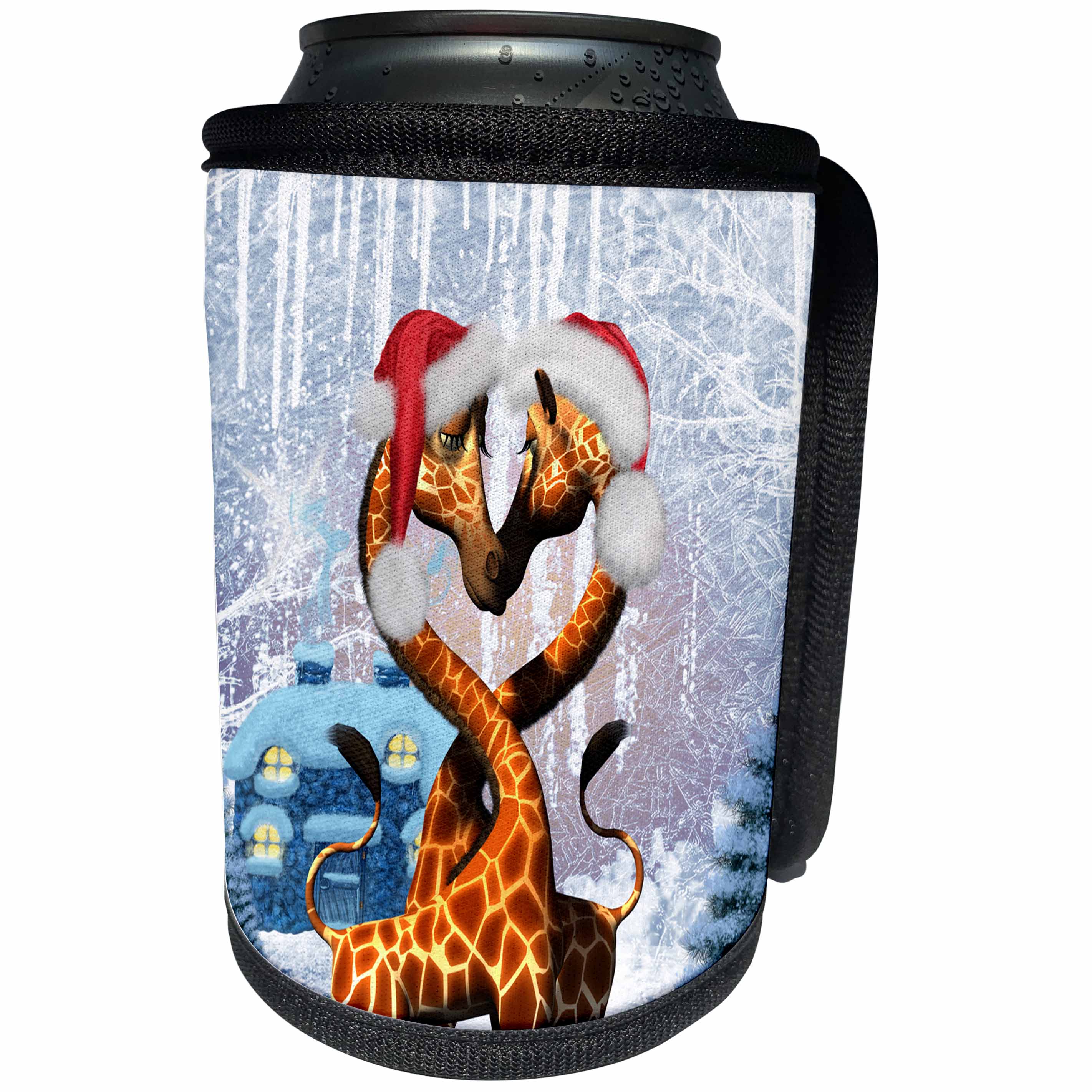 3dRose Heike Köhnen Design Holiday - Christmas, cute giraffe with Christmas hat - Can Cooler Bottle Wrap (cc_262387)