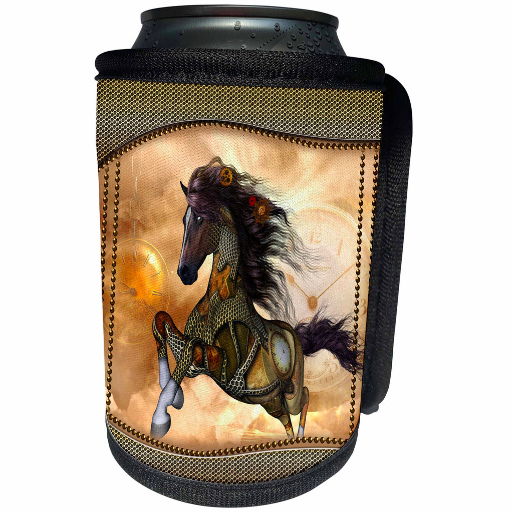 3dRose Heike Köhnen Design Steampunk - Steampunk, wonderful steampunk horse, golden design - Can Cooler Bottle Wrap (cc_262393)