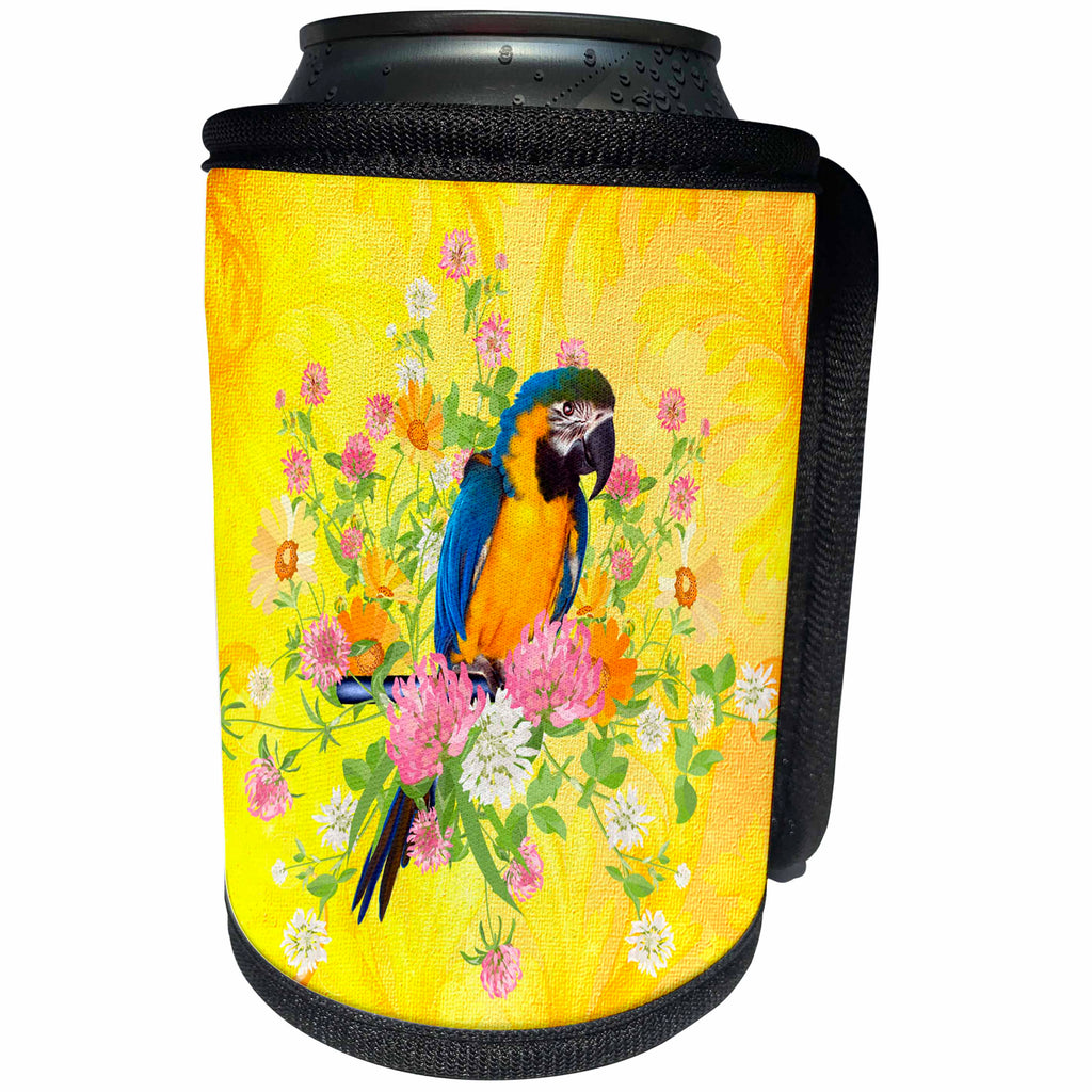 3dRose Heike Köhnen Design Animal - Funny parrot with flowers, yellow colors - Can Cooler Bottle Wrap (cc_262398)