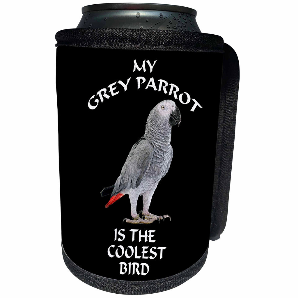 3dRose Sven Herkenrath Pets - Black And White My Grey Parrot Is The Coolest Bird Image - Can Cooler Bottle Wrap (cc_262445)