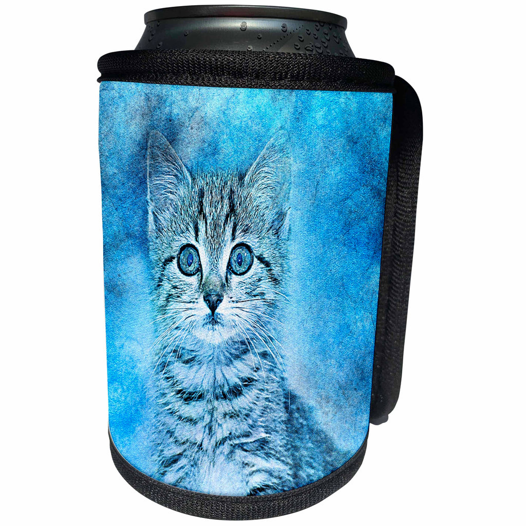 3dRose Sven Herkenrath Pets - Cute Gray Kitten On Blue Background Pet Cats - Can Cooler Bottle Wrap (cc_262454)