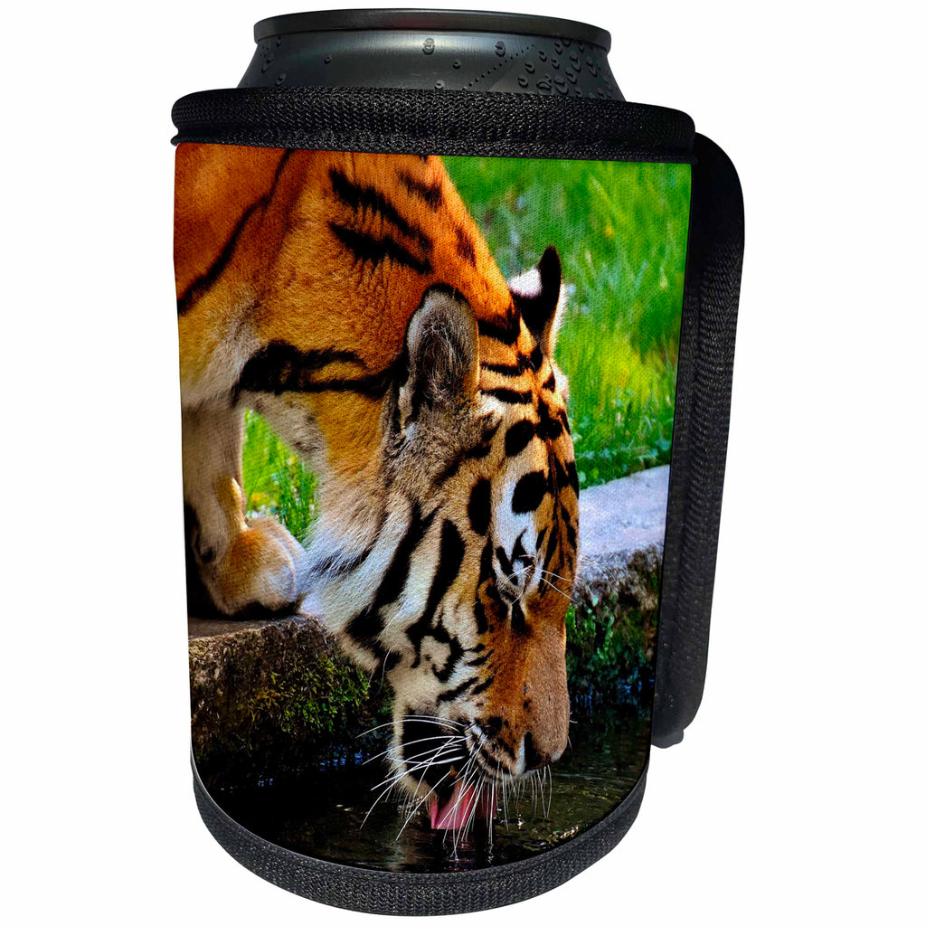 3dRose Sven Herkenrath Animals - Powerful Tiger Drinking Water Animal Tigers - Can Cooler Bottle Wrap (cc_262467)