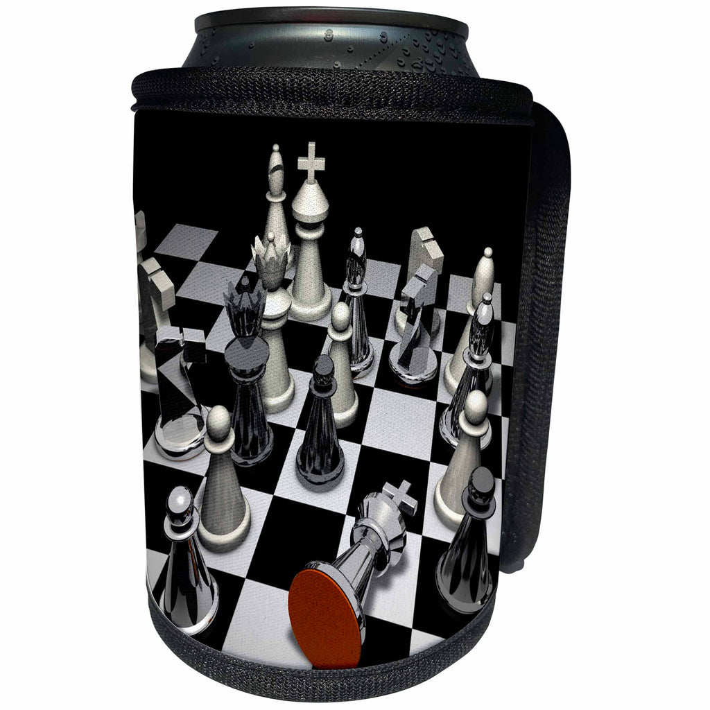 3dRose Sven Herkenrath Hobby Chess - Elegant Black And White Chess Board With Silver Tones Hobby Chess - Can Cooler Bottle Wrap (cc_262471)
