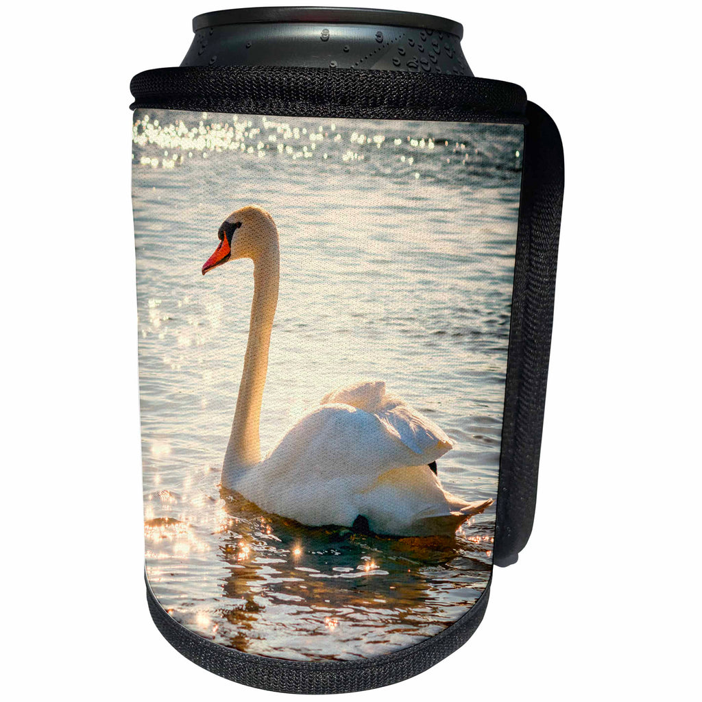 3dRose Sven Herkenrath Nature - Beautiful White Swan Swimming Animals Swan - Can Cooler Bottle Wrap (cc_262477)