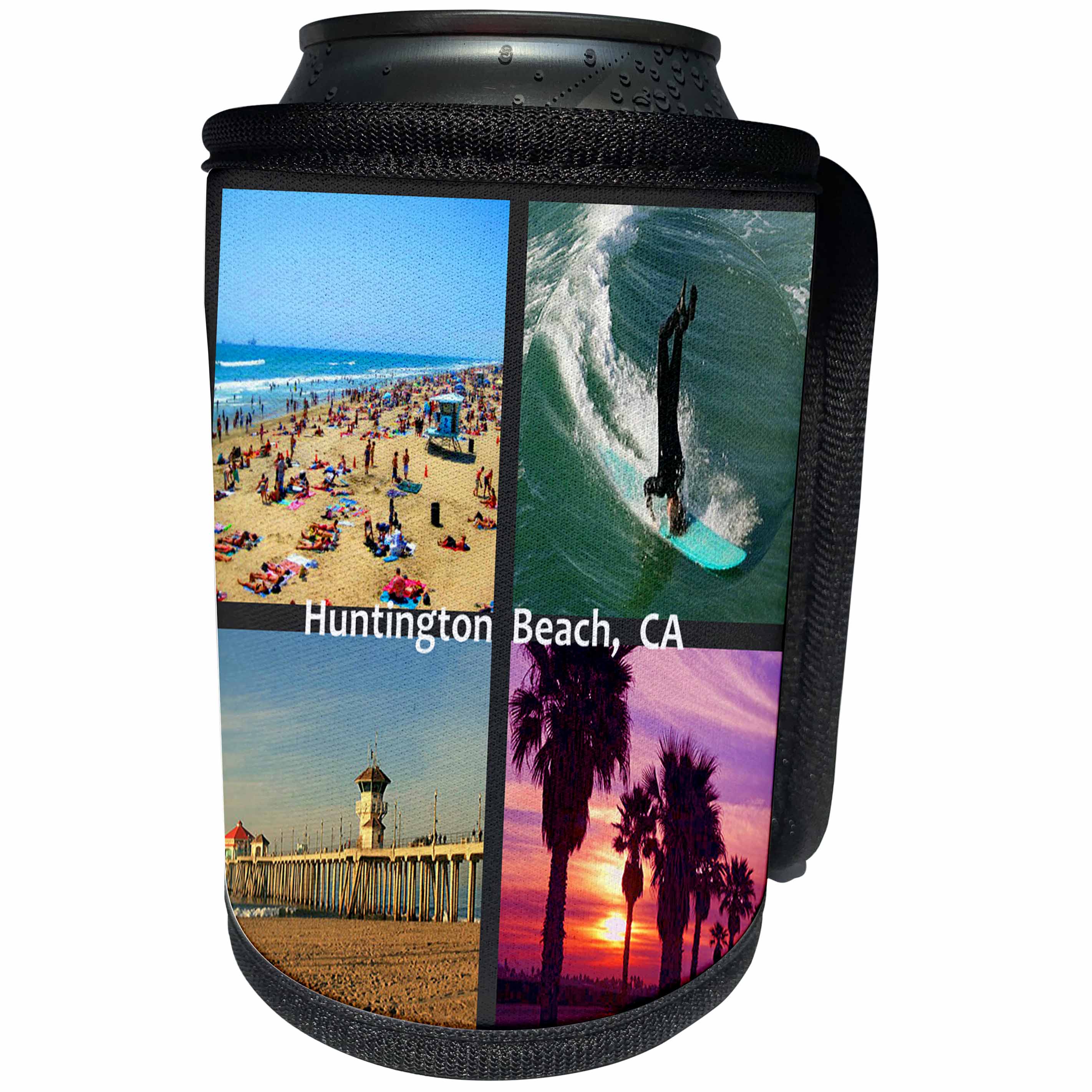 3dRose Sandy Mertens California - Huntington Beach Collage - Can Cooler Bottle Wrap (cc_26248)