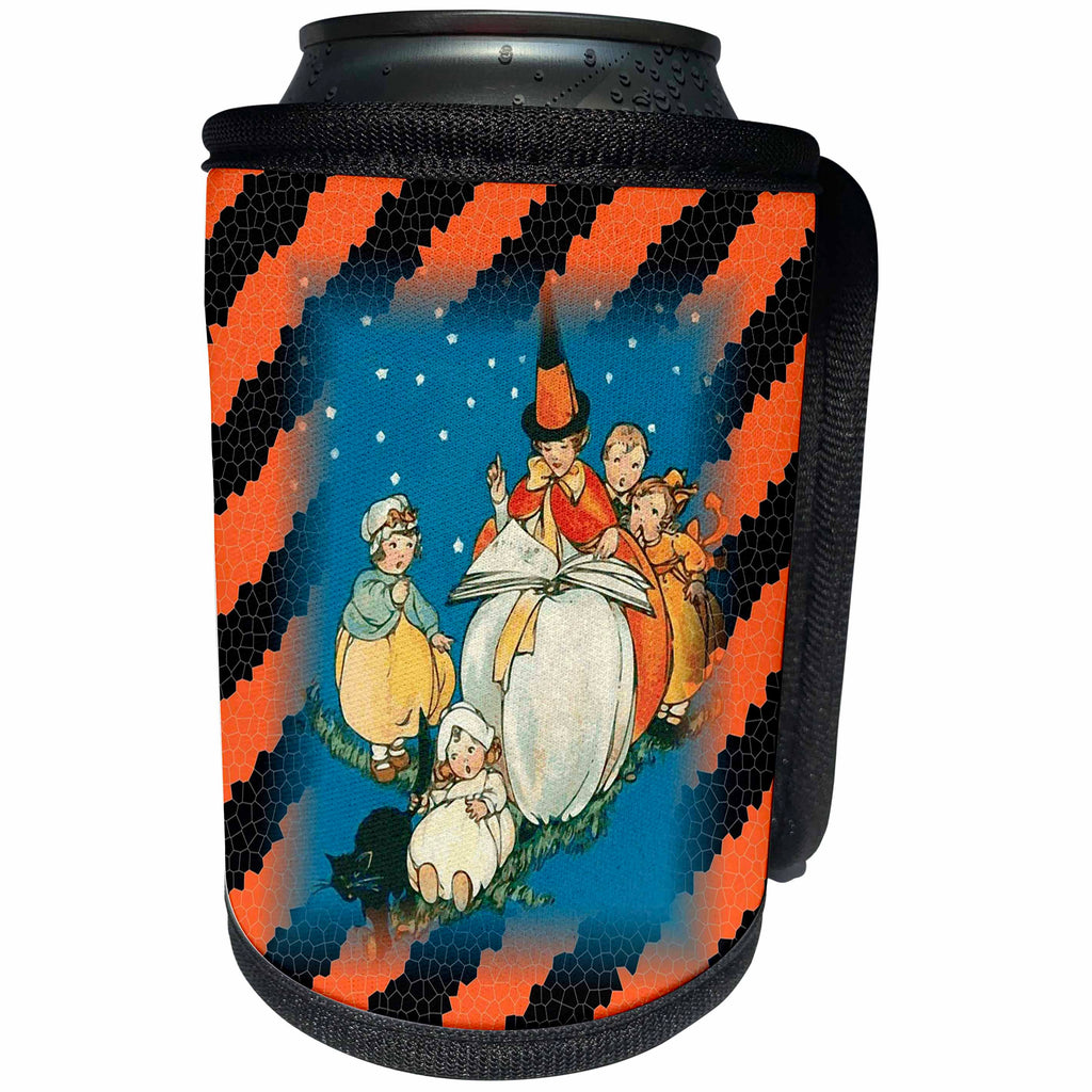3dRose Halloween - Image of Vintage Style Halloween On Orange n Black Stripes - Can Cooler Bottle Wrap (cc_262498)