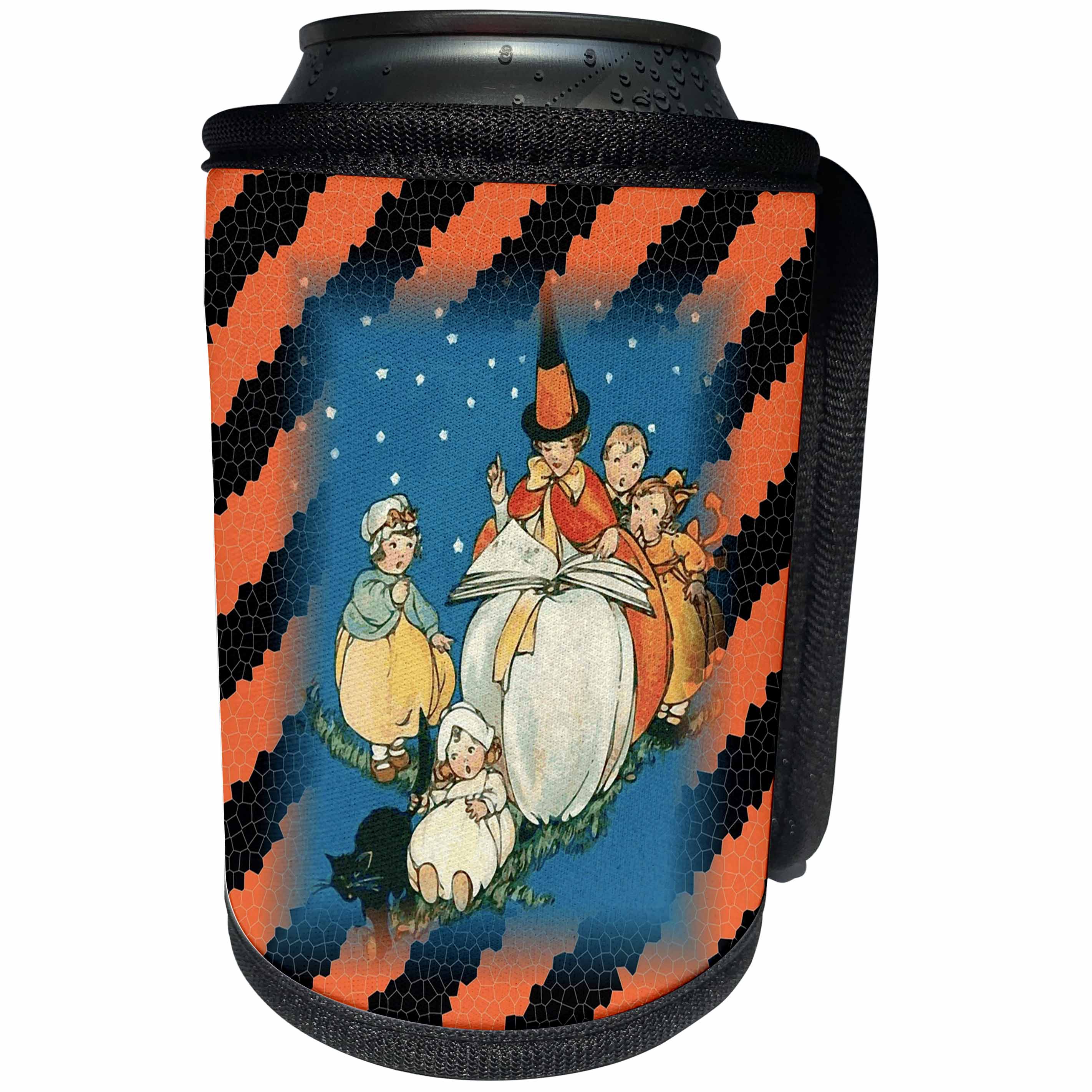 3dRose Halloween - Image of Vintage Style Halloween On Orange n Black Stripes - Can Cooler Bottle Wrap (cc_262498)