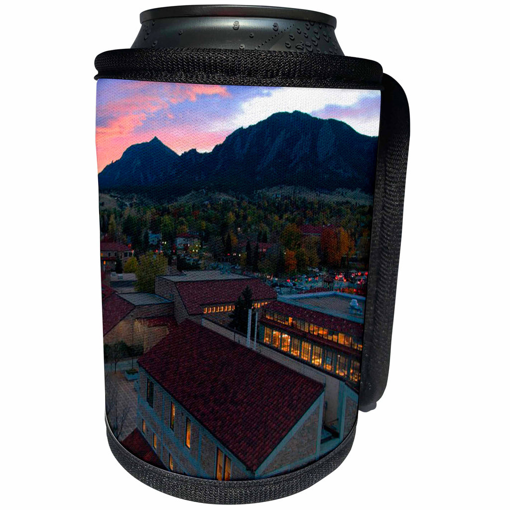 3dRose Sandy Mertens Colorado - Colorado Boulder Campus and Sunset Over Flatirons - Can Cooler Bottle Wrap (cc_26252)