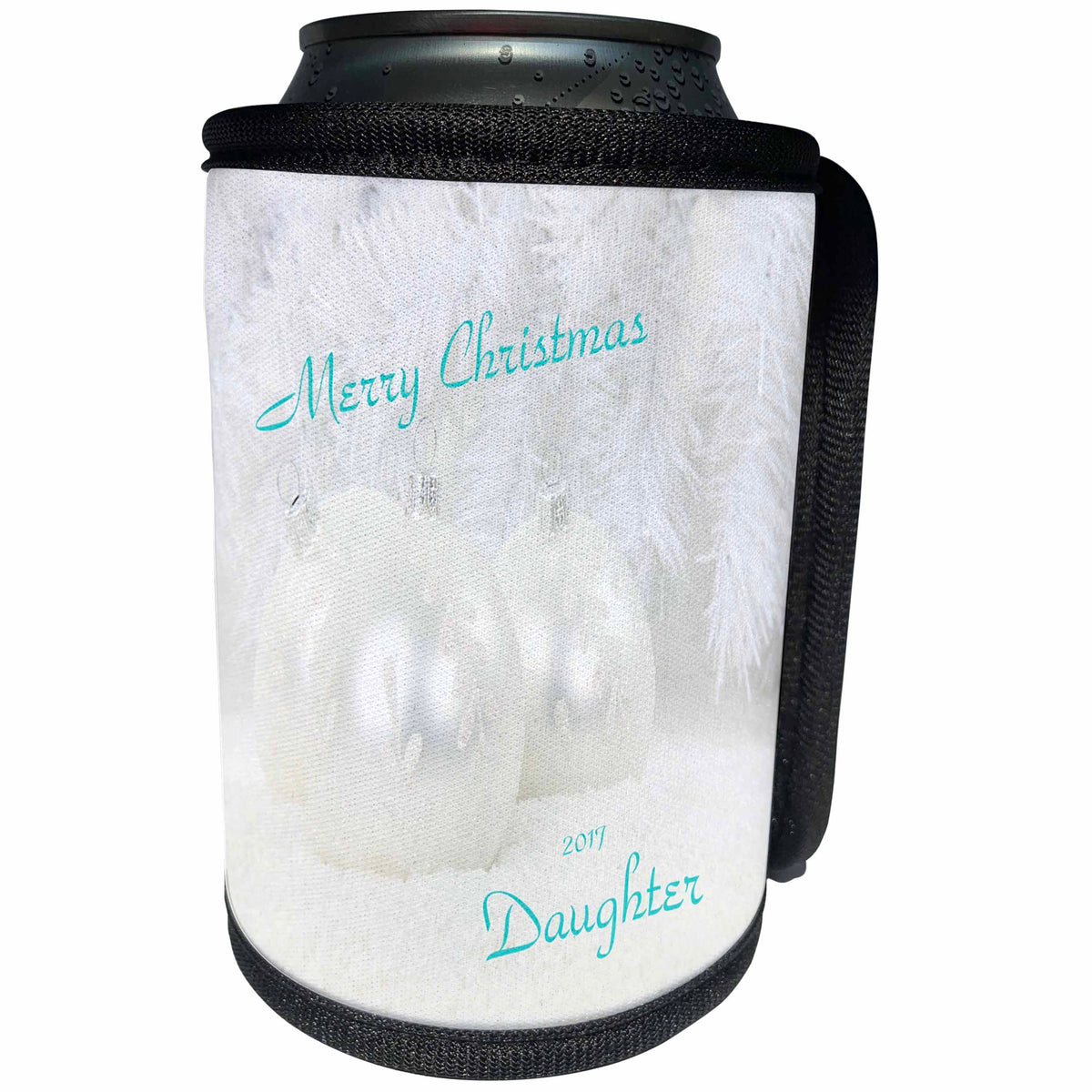 3dRose Christmas For Special People - Image of Soft Silver Ornaments For Daughter With Aqua Greeting - Can Cooler Bottle Wrap (cc_262526)