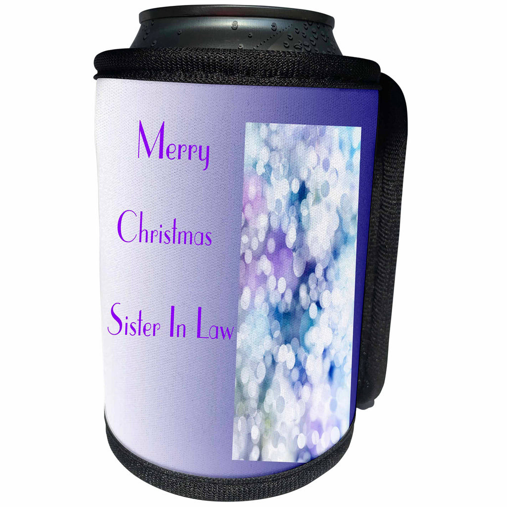 3dRose Christmas For Special People - Image of Merry Christmas Sister In Law On Purple Bokeh - Can Cooler Bottle Wrap (cc_262534)