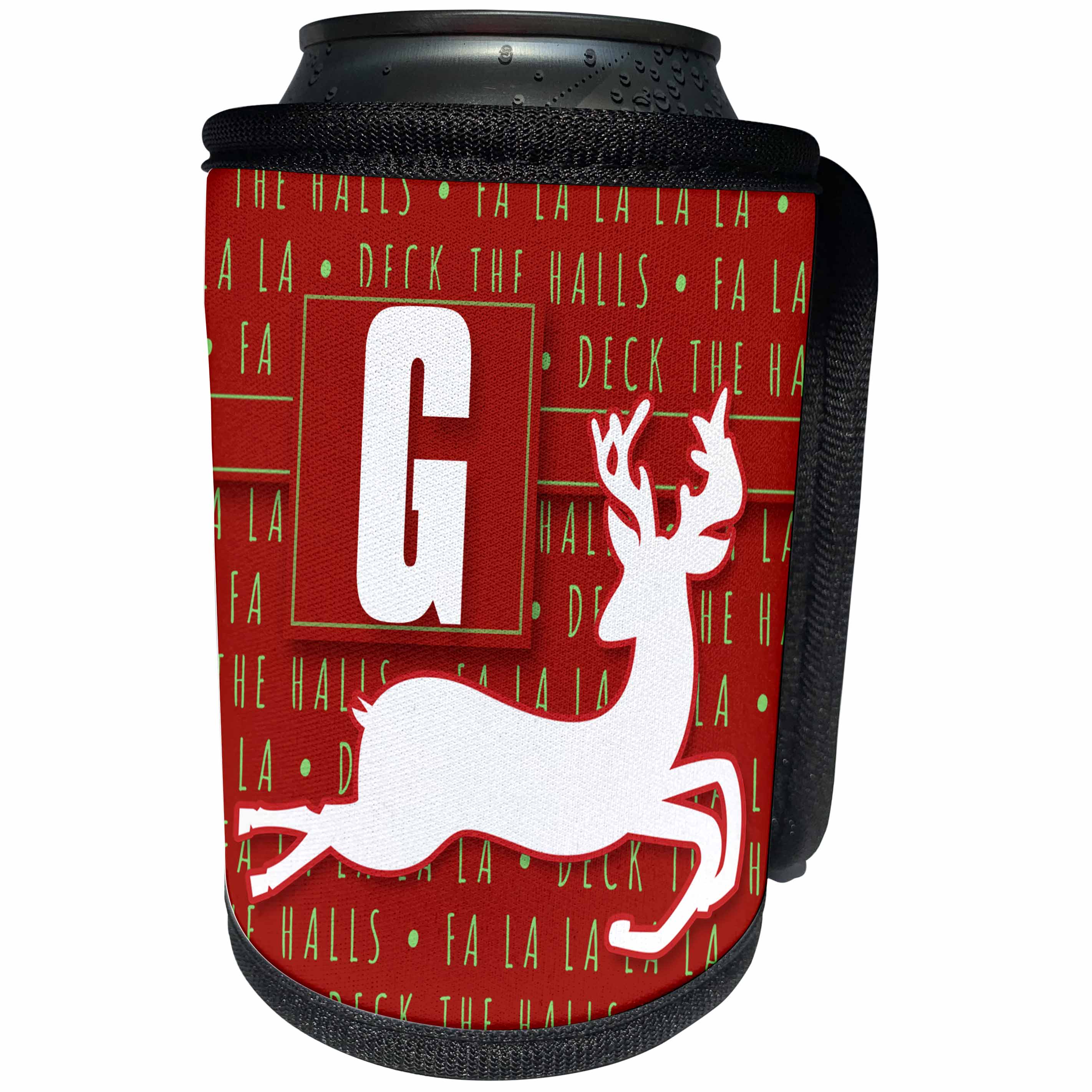 3dRose Doreen Erhardt Monogrammed Collection - Letter G Monogram Christmas White Reindeer Deck the Halls Theme - Can Cooler Bottle Wrap (cc_262645)
