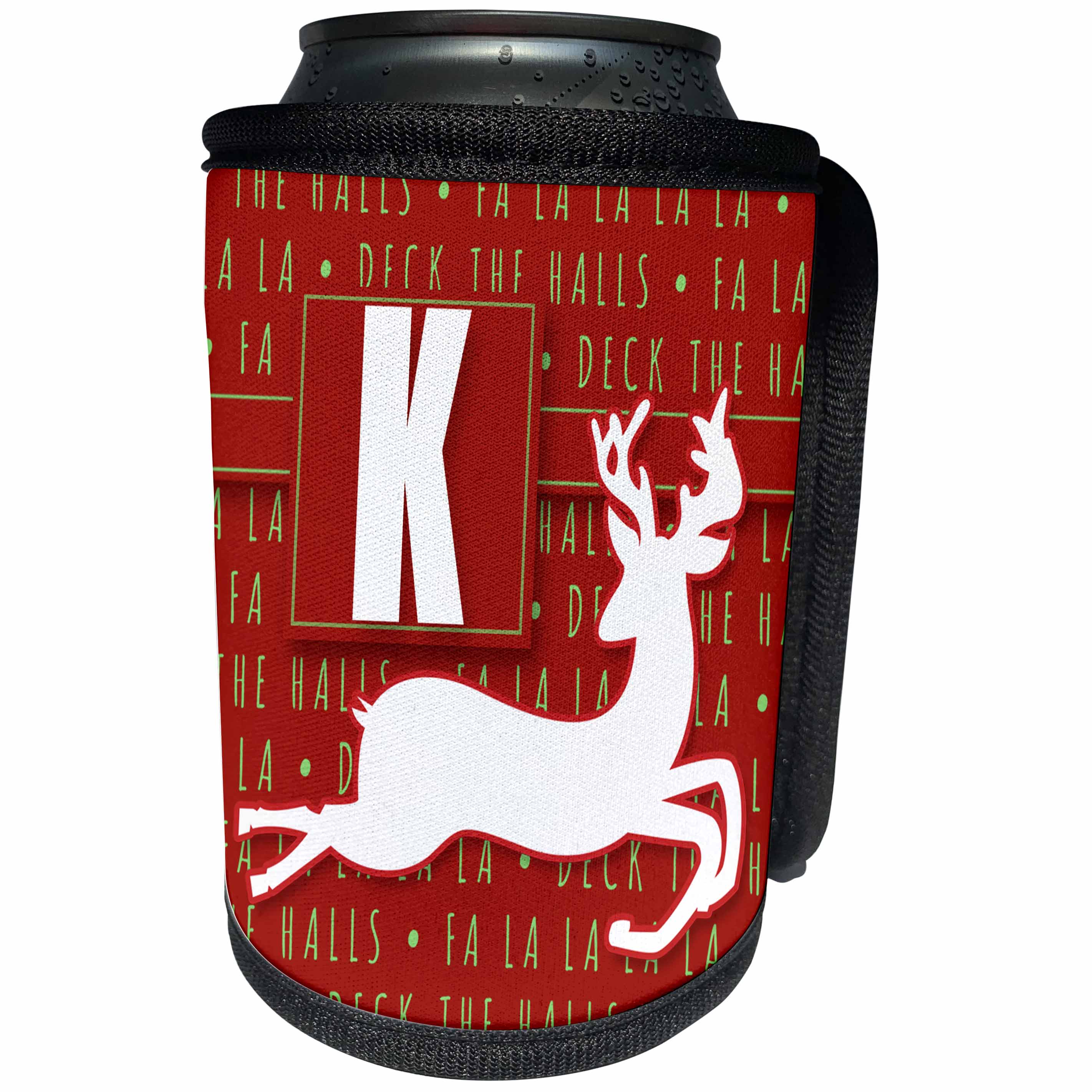 3dRose Doreen Erhardt Monogrammed Collection - Letter K Monogram Christmas White Reindeer Deck the Halls Theme - Can Cooler Bottle Wrap (cc_262649)