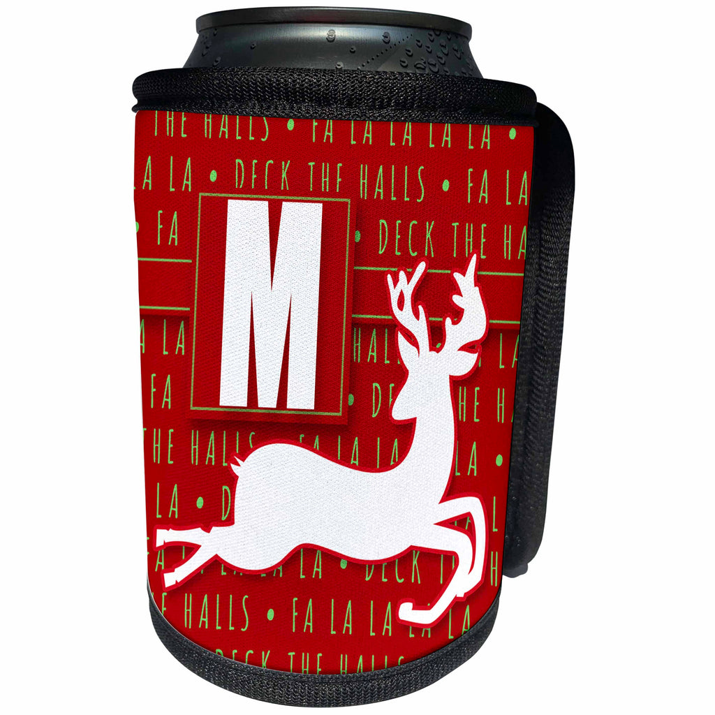 3dRose Doreen Erhardt Monogrammed Collection - Letter M Monogram Christmas White Reindeer Deck the Halls Theme - Can Cooler Bottle Wrap (cc_262651)