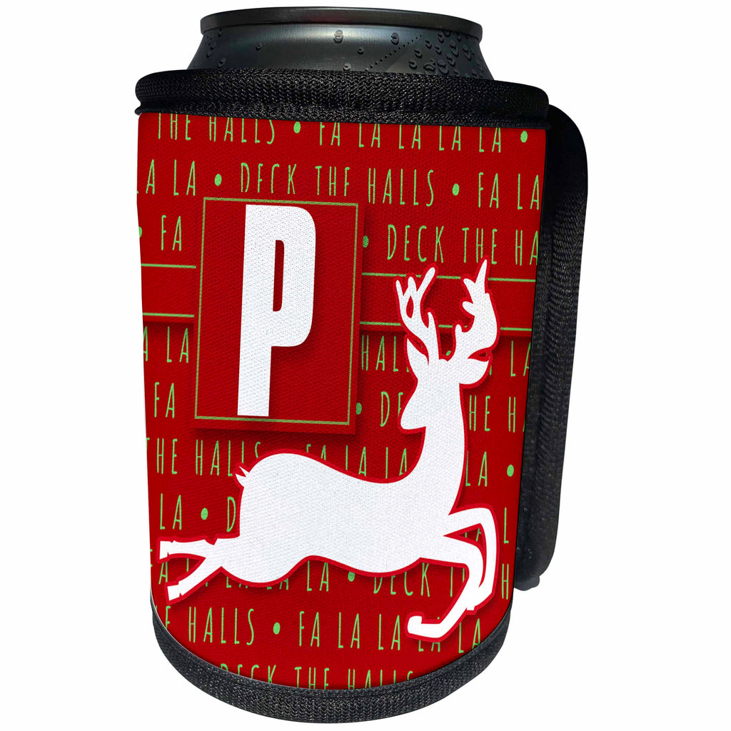 3dRose Doreen Erhardt Monogrammed Collection - Letter P Monogram Christmas White Reindeer Deck the Halls Theme - Can Cooler Bottle Wrap (cc_262654)
