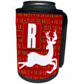3dRose Doreen Erhardt Monogrammed Collection - Letter R Monogram Christmas White Reindeer Deck the Halls Theme - Can Cooler Bottle Wrap (cc_262656)