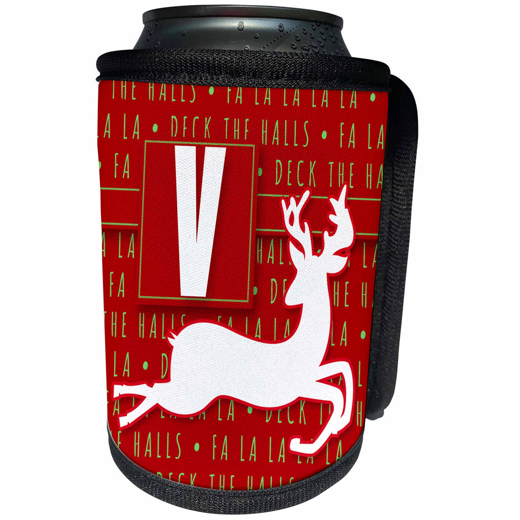 3dRose Doreen Erhardt Monogrammed Collection - Letter V Monogram Christmas White Reindeer Deck the Halls Theme - Can Cooler Bottle Wrap (cc_262660)