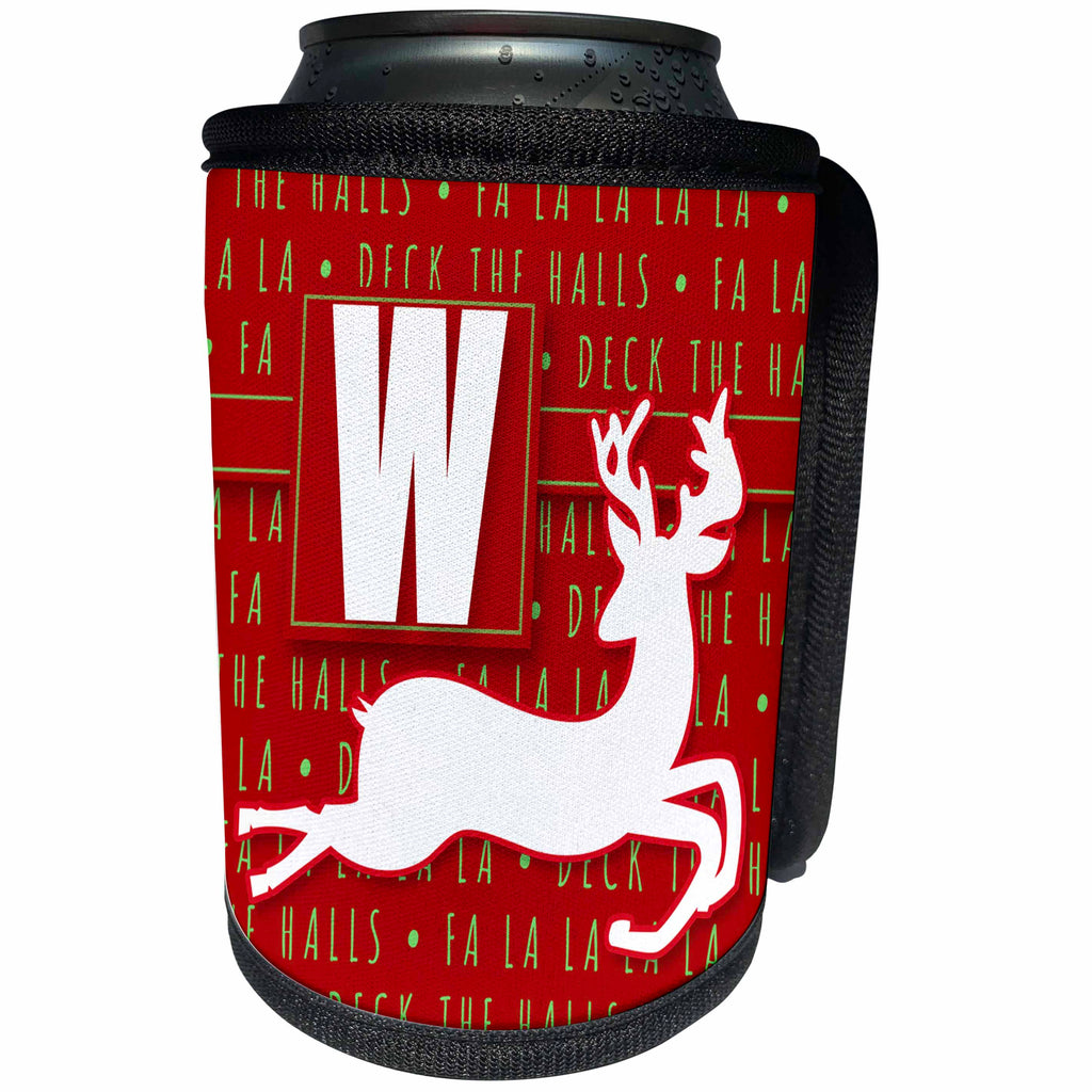3dRose Doreen Erhardt Monogrammed Collection - Letter W Monogram Christmas White Reindeer Deck the Halls Theme - Can Cooler Bottle Wrap (cc_262661)