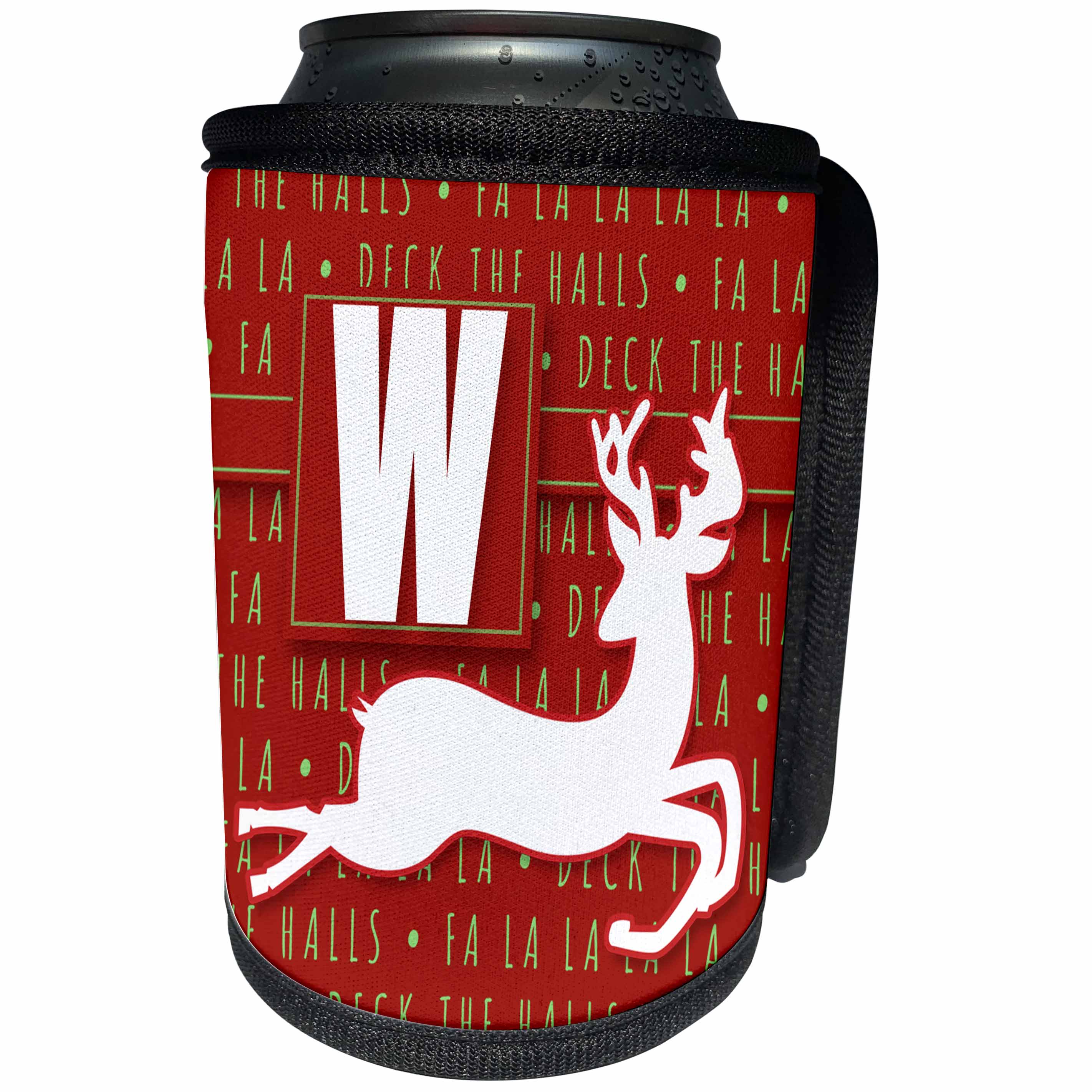 3dRose Doreen Erhardt Monogrammed Collection - Letter W Monogram Christmas White Reindeer Deck the Halls Theme - Can Cooler Bottle Wrap (cc_262661)