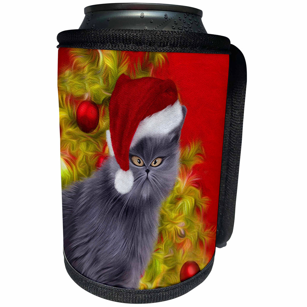 3dRose Doreen Erhardt Christmas Collection - Humiliated Cat in a Santa Hat Caricature Funny Painting for Christmas - Can Cooler Bottle Wrap (cc_262665)