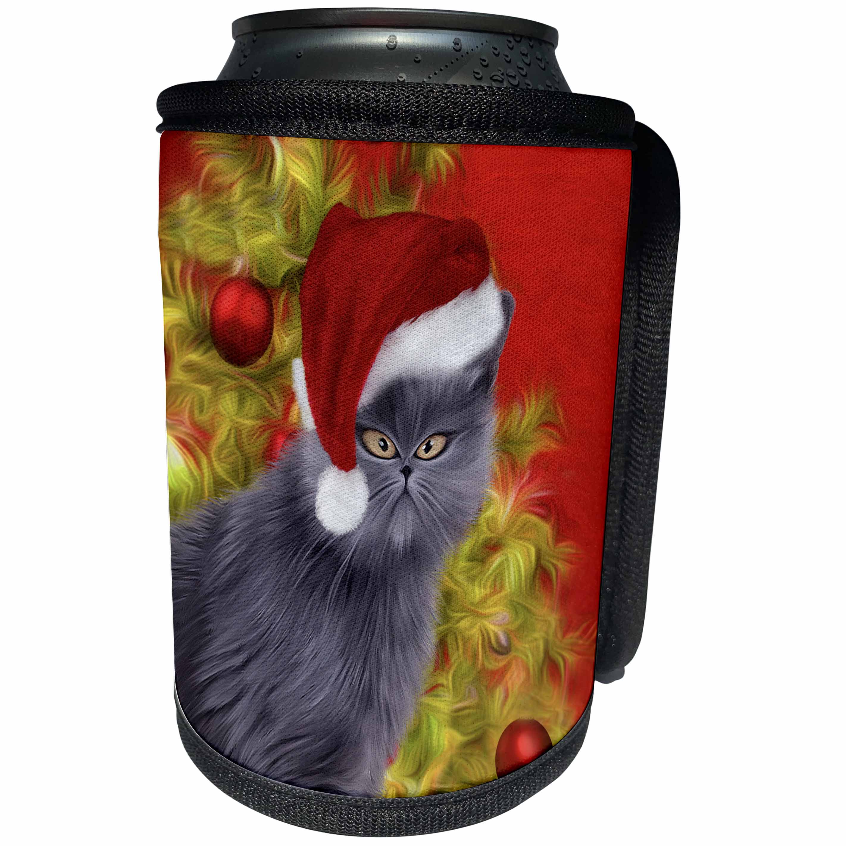 3dRose Doreen Erhardt Christmas Collection - Humiliated Cat in a Santa Hat Caricature Funny Painting for Christmas - Can Cooler Bottle Wrap (cc_262665)