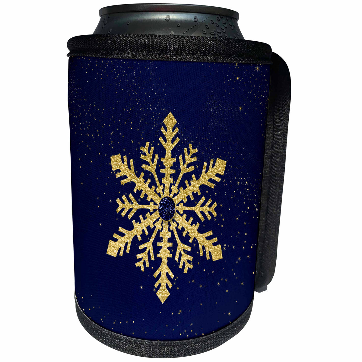 3dRose Doreen Erhardt Christmas Collection - Golden Faux Glitter Snowflake with Snow and Midnight Blue Holiday - Can Cooler Bottle Wrap (cc_262667)