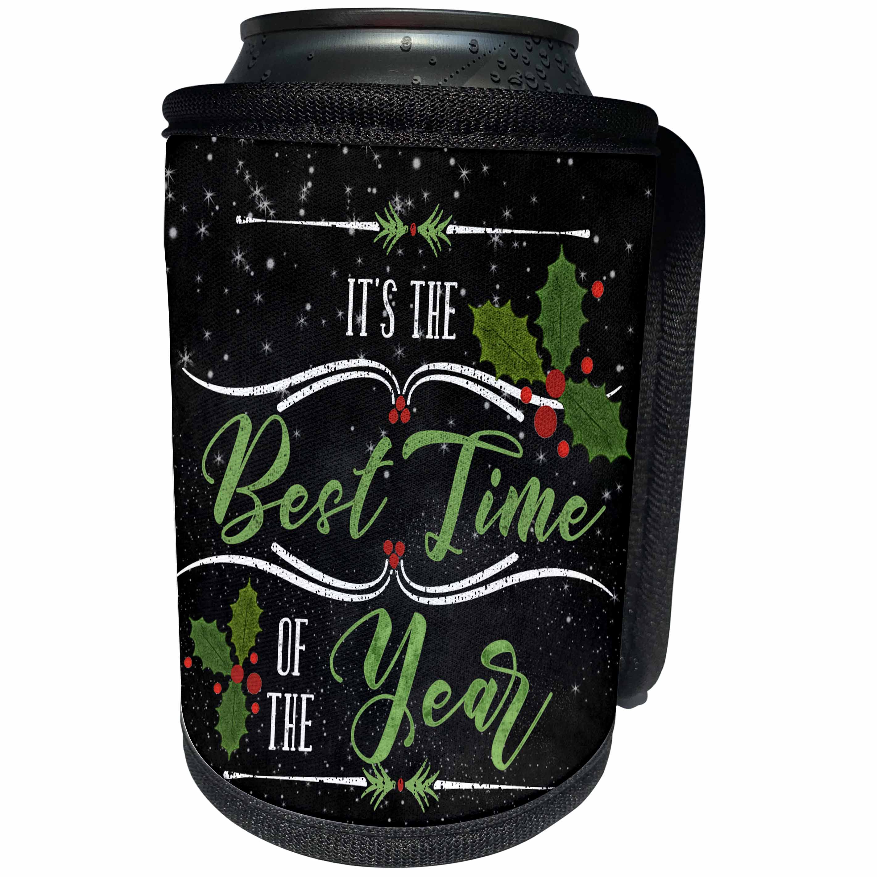 3dRose Doreen Erhardt Christmas Collection - Best Time of the Year Christmas Chalkboard and Holly Theme - Can Cooler Bottle Wrap (cc_262669)