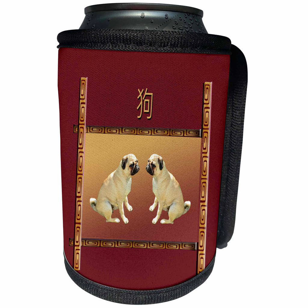 3dRose Beverly Turner Chinese New Year Design - Pug Dogs on Asian Design Chinese New Year of the Dog, Sign of the Dog - Can Cooler Bottle Wrap (cc_262804)