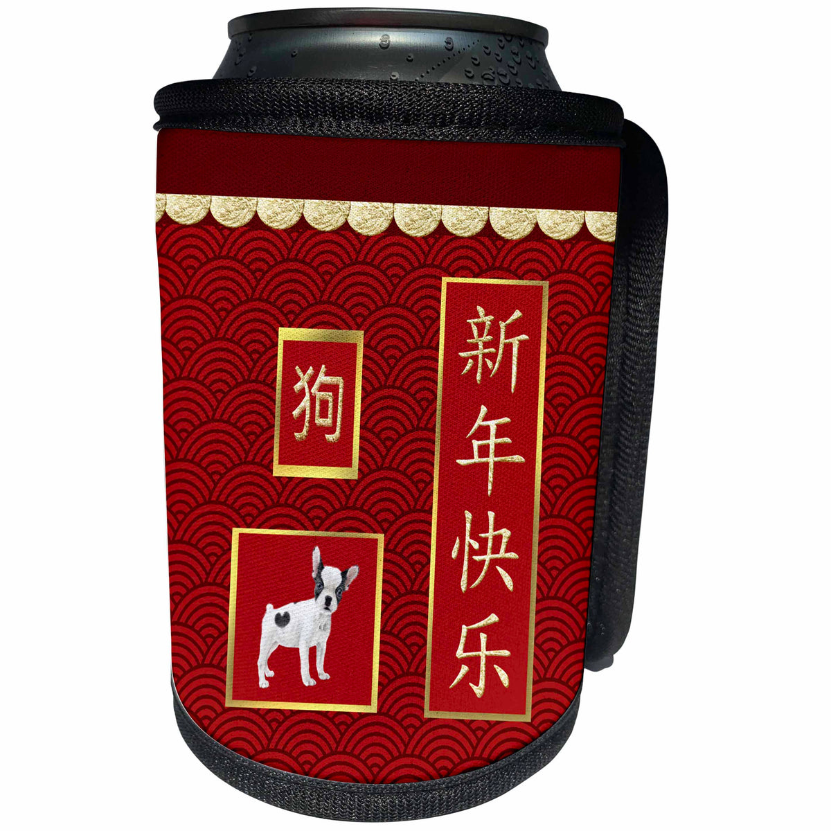 3dRose Beverly Turner Chinese New Year Design - Jack Russell Terriers, Scalloped Gold, Red Asian Design Happy New Year - Can Cooler Bottle Wrap (cc_262811)