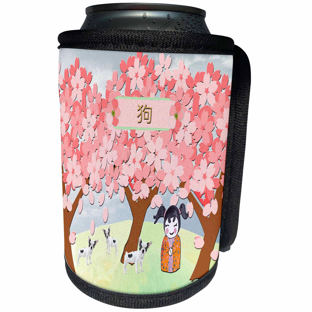 3dRose Beverly Turner Chinese New Year Design - Jack Russell Terriers, Chinese Girl Under Plum Trees, Sign of the Dog - Can Cooler Bottle Wrap (cc_262814)