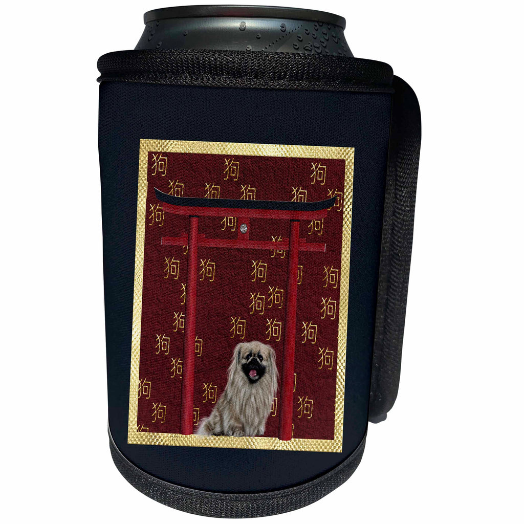 3dRose Beverly Turner Chinese New Year Design - Pekingese Dog, Red Asian Arch, Scattered Sign of the Dog Design, Gold - Can Cooler Bottle Wrap (cc_262815)
