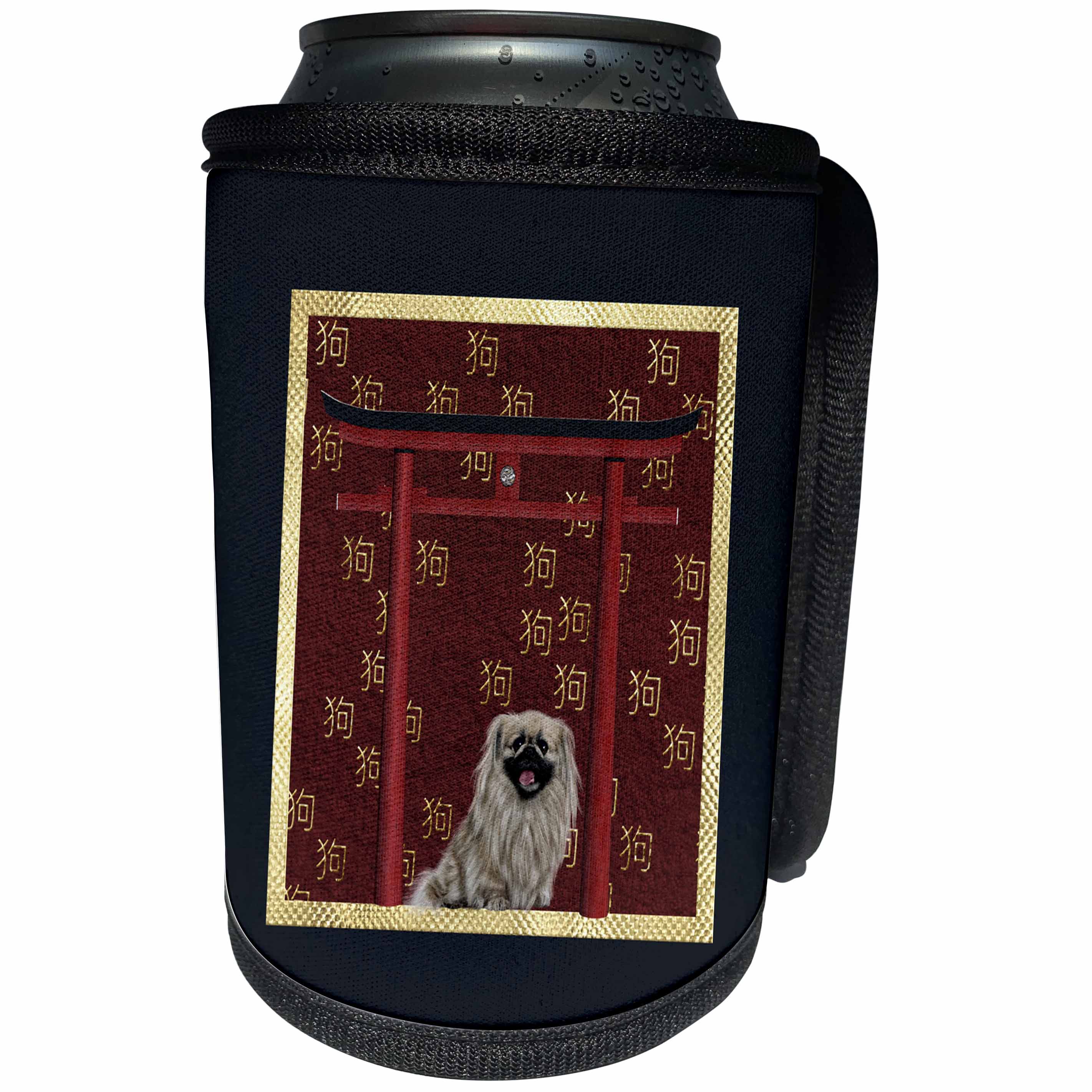 3dRose Beverly Turner Chinese New Year Design - Pekingese Dog, Red Asian Arch, Scattered Sign of the Dog Design, Gold - Can Cooler Bottle Wrap (cc_262815)