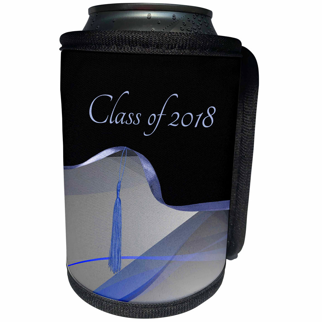 3dRose Beverly Turner Graduation Design - Graceful Blue Abstract Design with Tassel on Ribbon, Class of 2018 - Can Cooler Bottle Wrap (cc_262816)