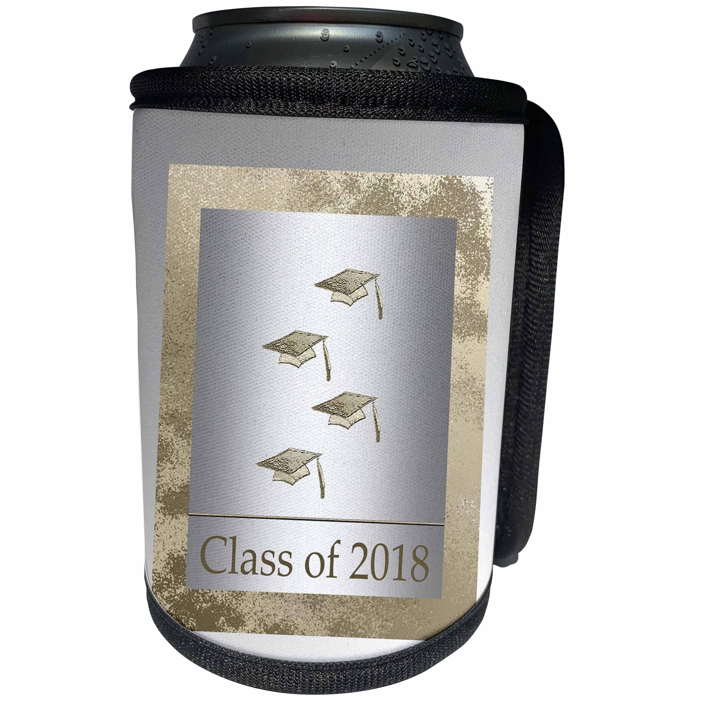 3dRose Beverly Turner Graduation Design - Gold Graduation Caps on Silver Look, Class of 2018 - Can Cooler Bottle Wrap (cc_262821)
