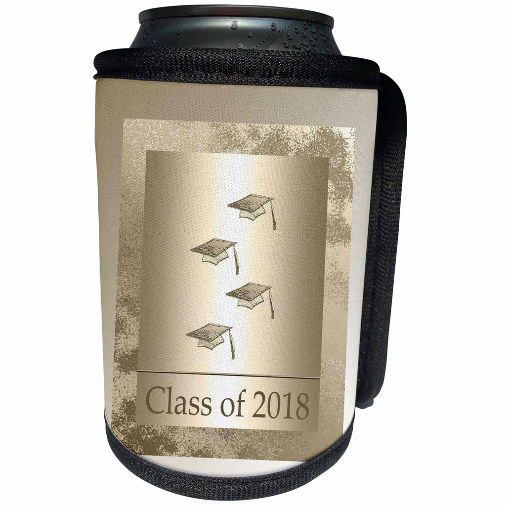 3dRose Beverly Turner Graduation Design - Gold Graduation Caps on Gold Look, Class of 2018 - Can Cooler Bottle Wrap (cc_262822)